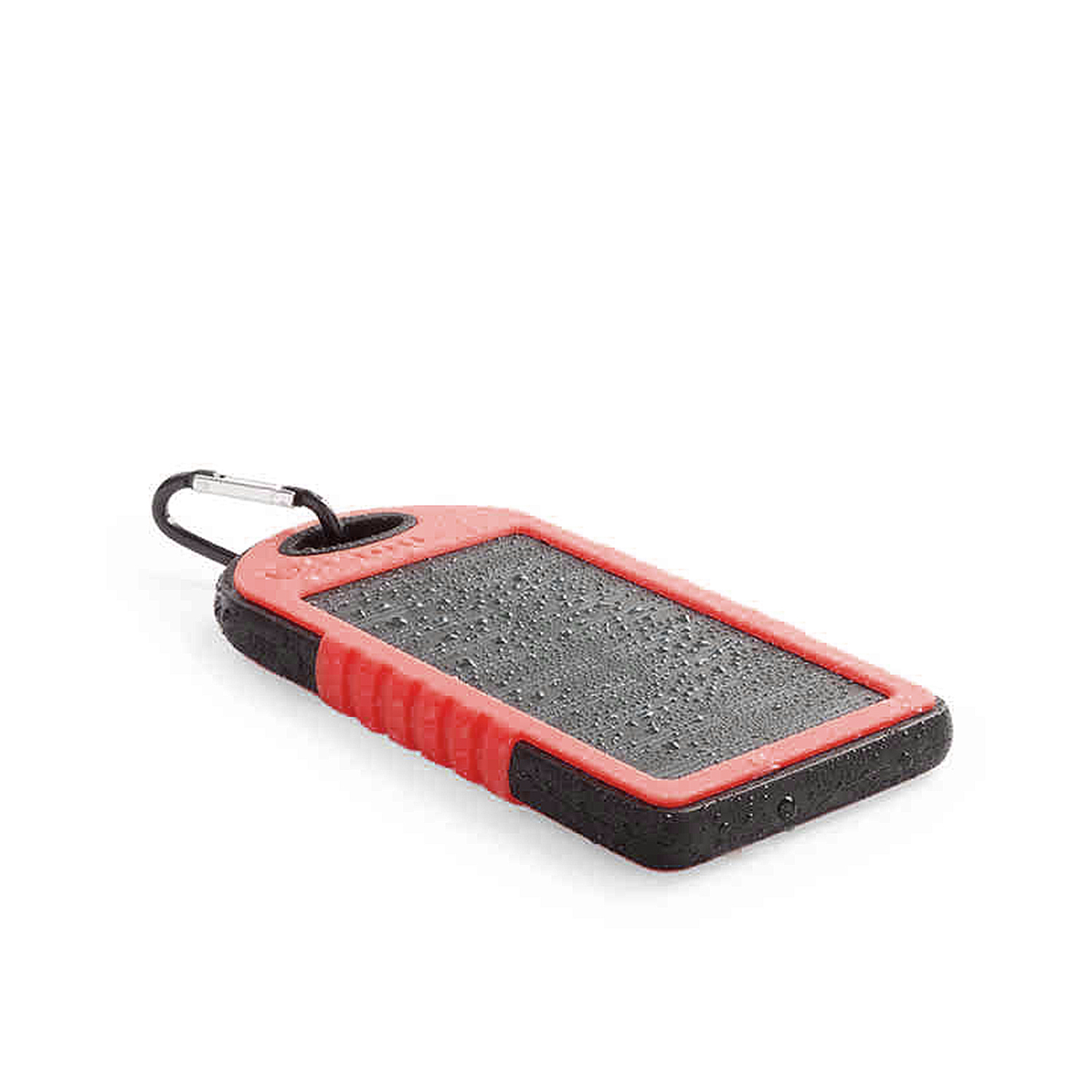Una custodia impermeabile per telefono rossa e nera con una clip nera.