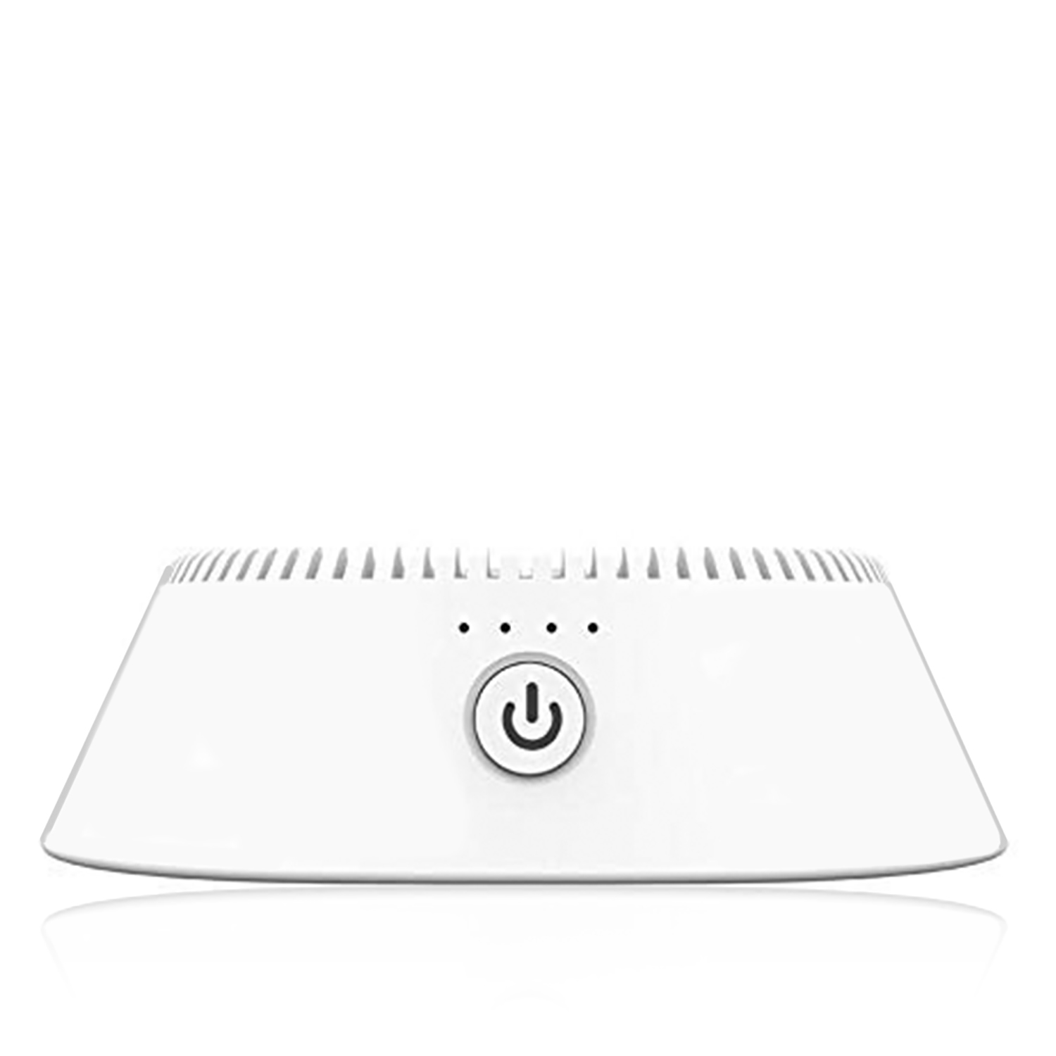 Un dispositivo blanco, cuadrado y redondeado con un botón de encendido y luces indicadoras.