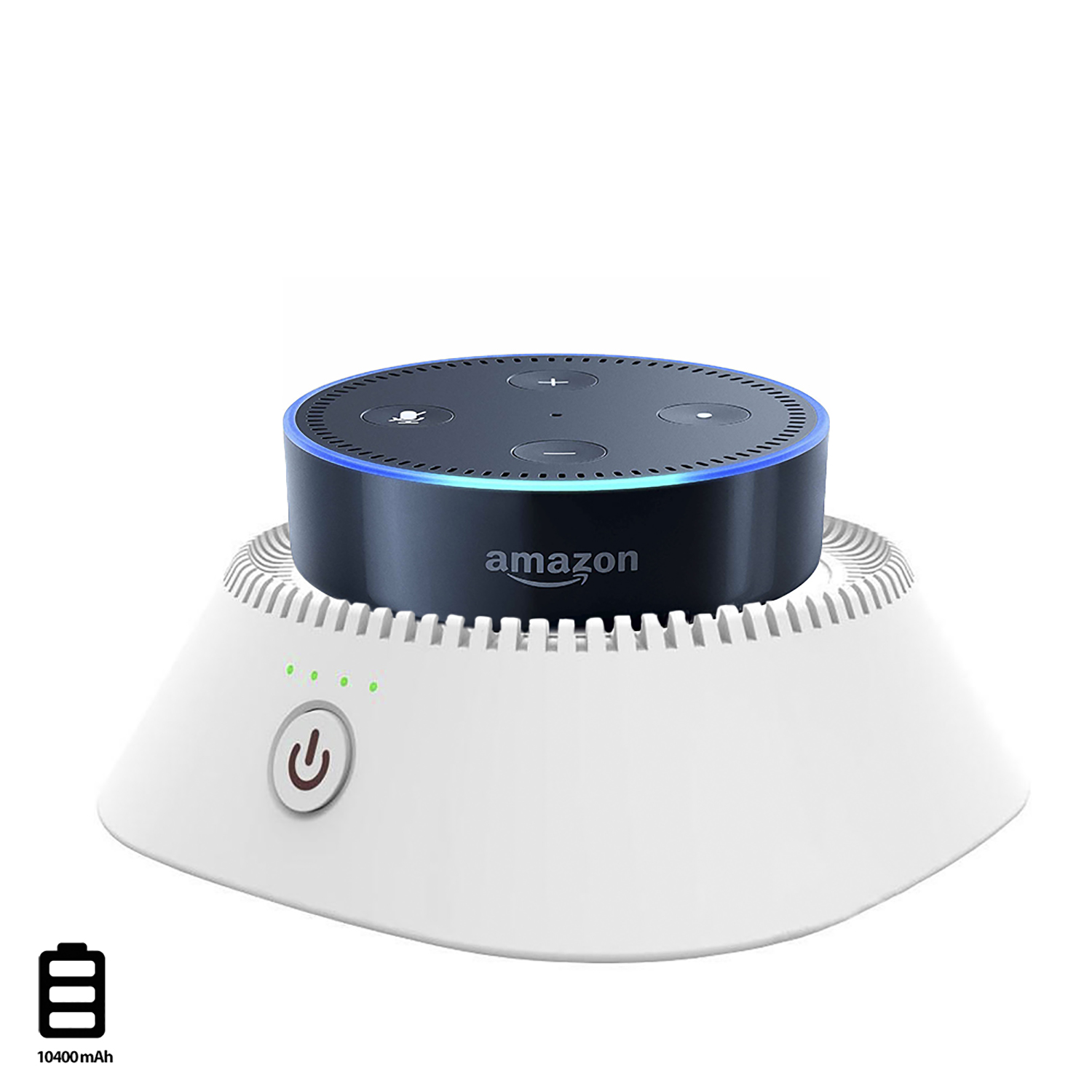 Amazon Echo Dot negro en un soporte blanco con un botón de encendido verde. Un icono de batería indica 10400 mAh.
