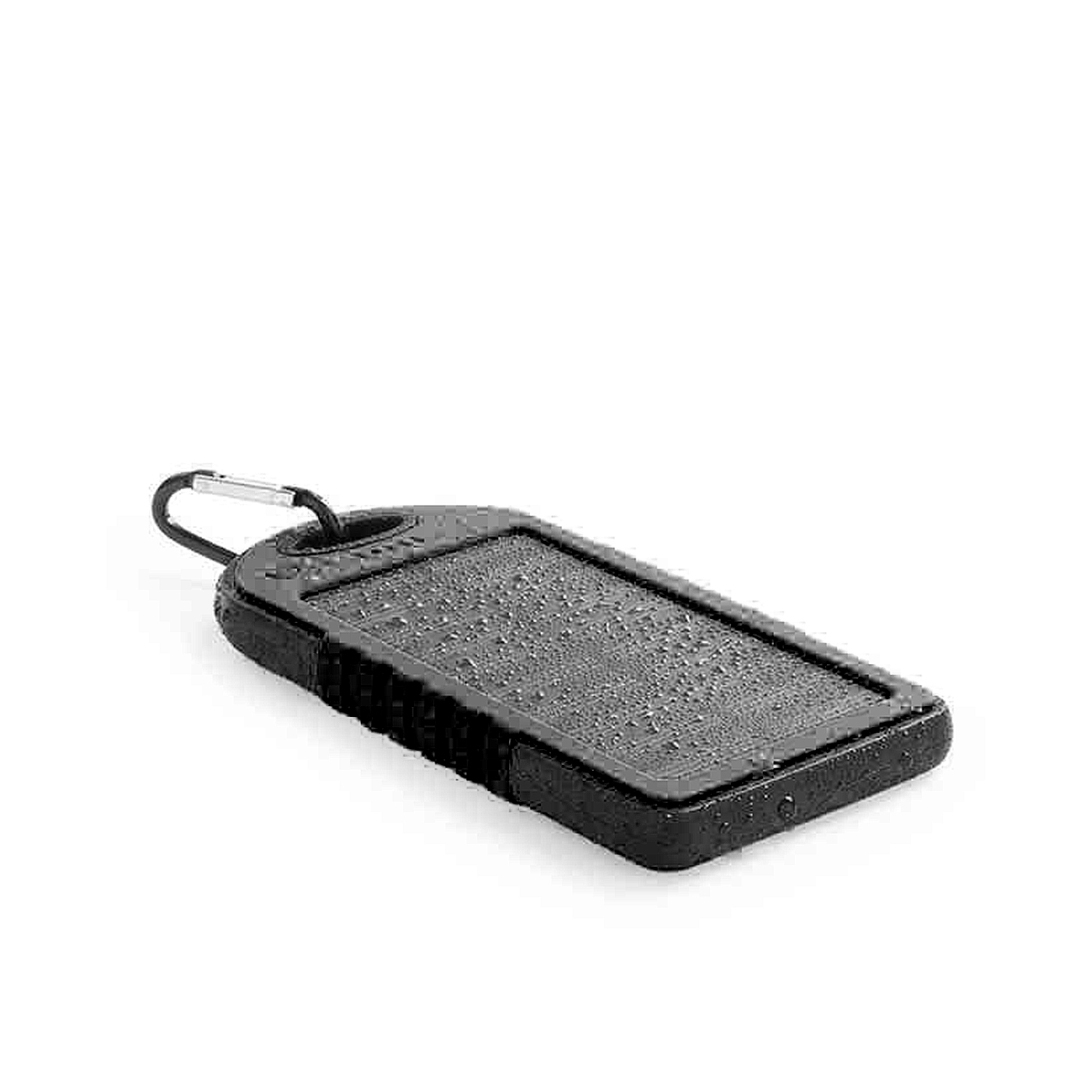 Dispositivo rettangolare nero con moschettone, possibilmente una custodia robusta per telefono.