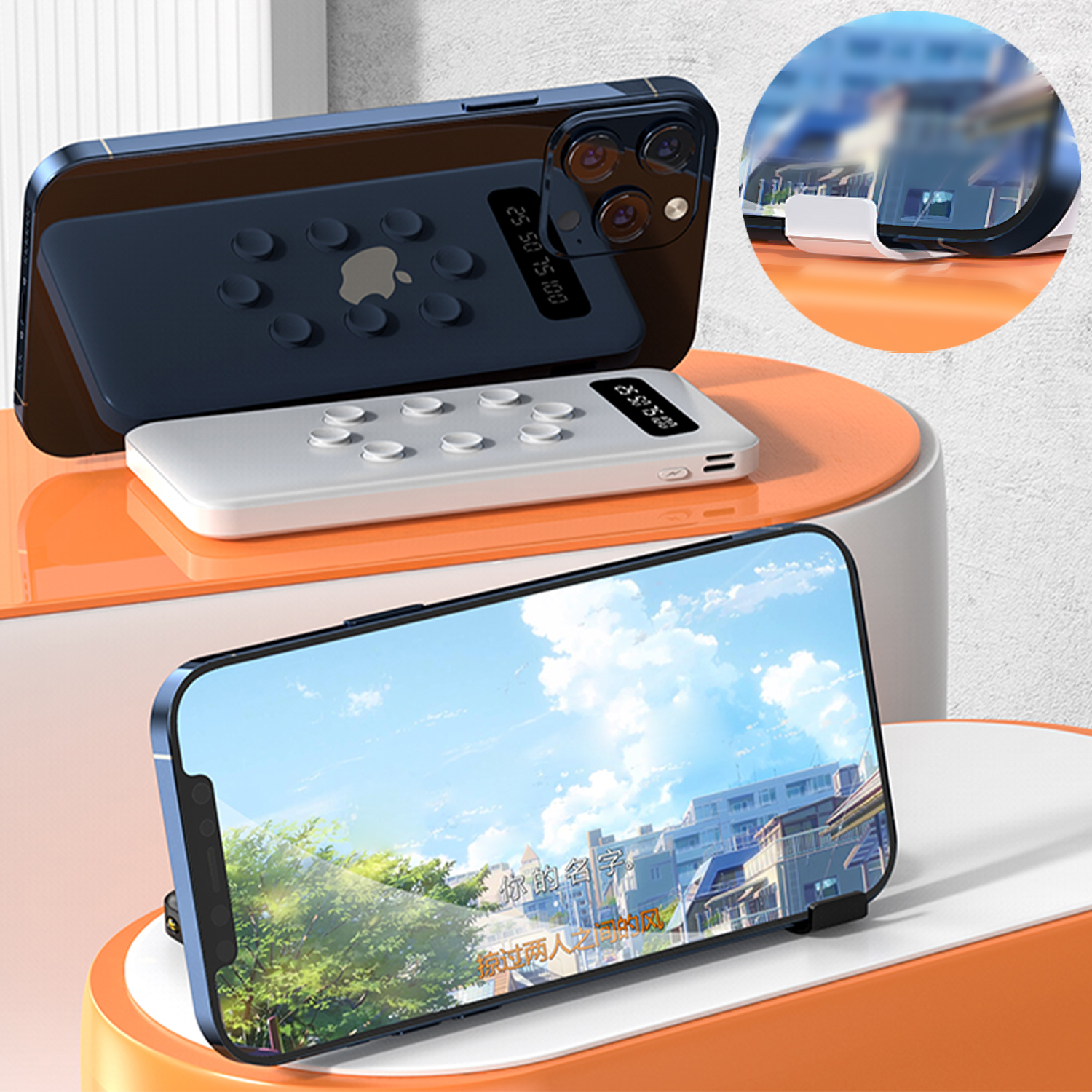 Telefono, base di ricarica e un altro telefono con animazione sullo schermo. Sfondo blu.