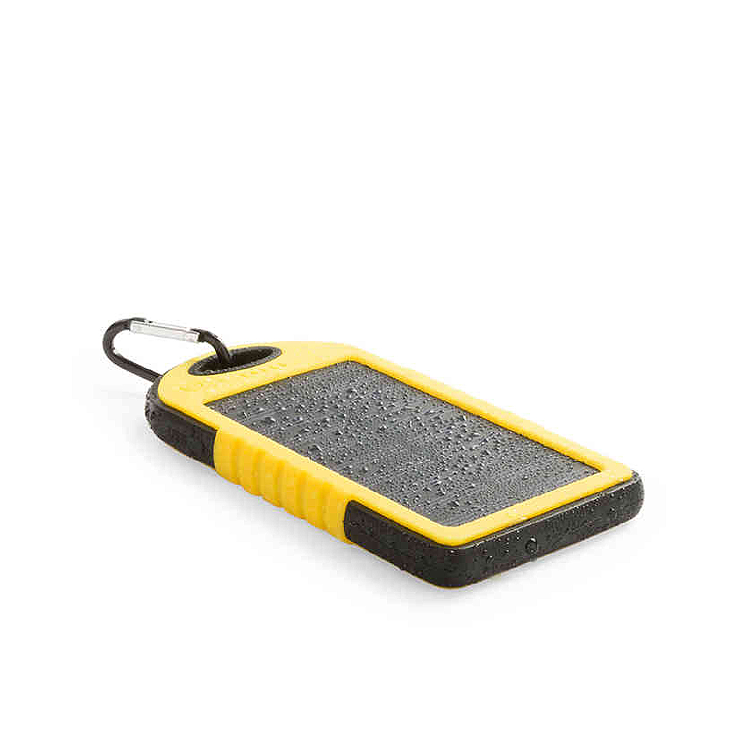 Un teléfono portátil impermeable amarillo y negro con un mosquetón, cubierto de gotas de agua.