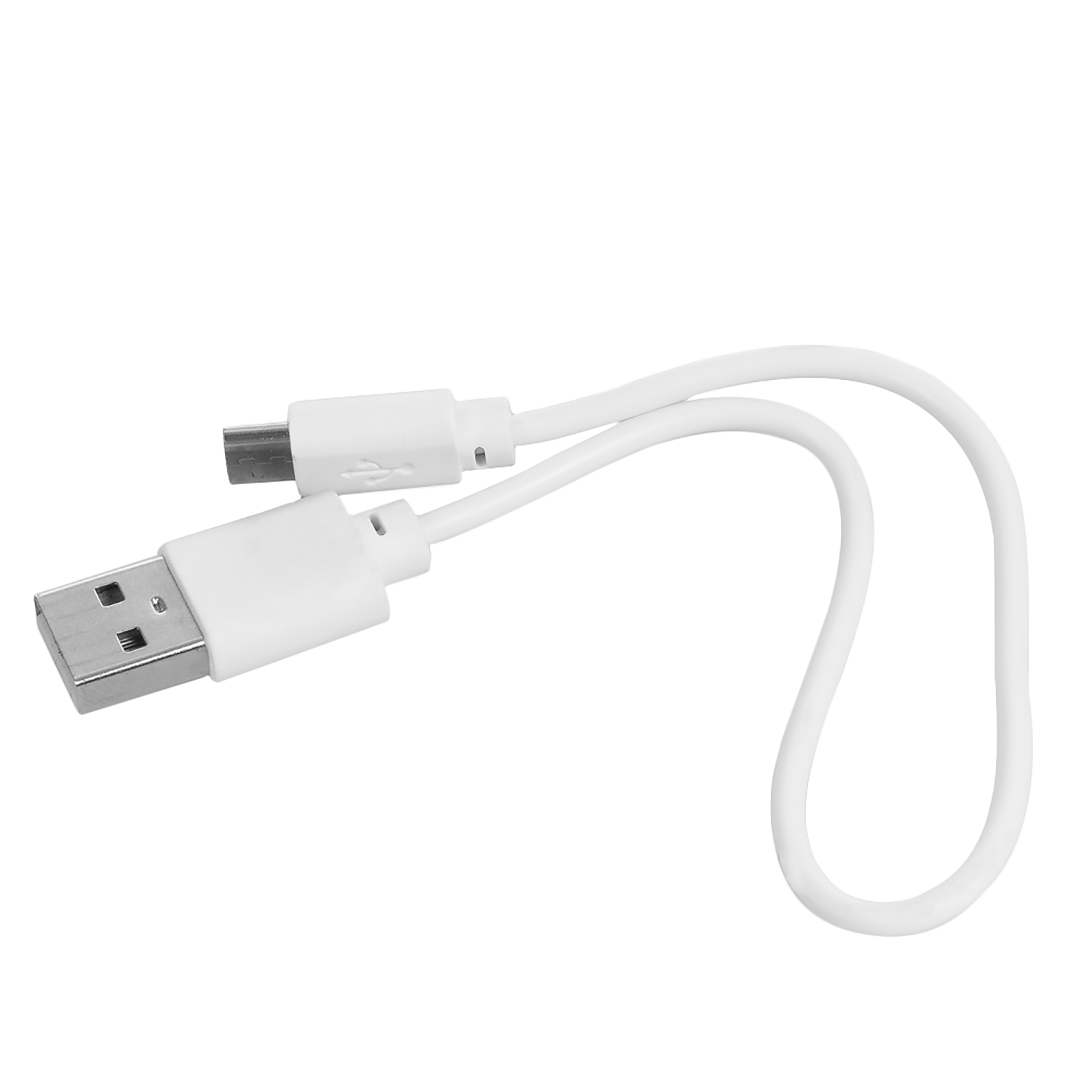 Un cavo USB bianco con connettore USB-A e micro-USB, curvato a forma di U.