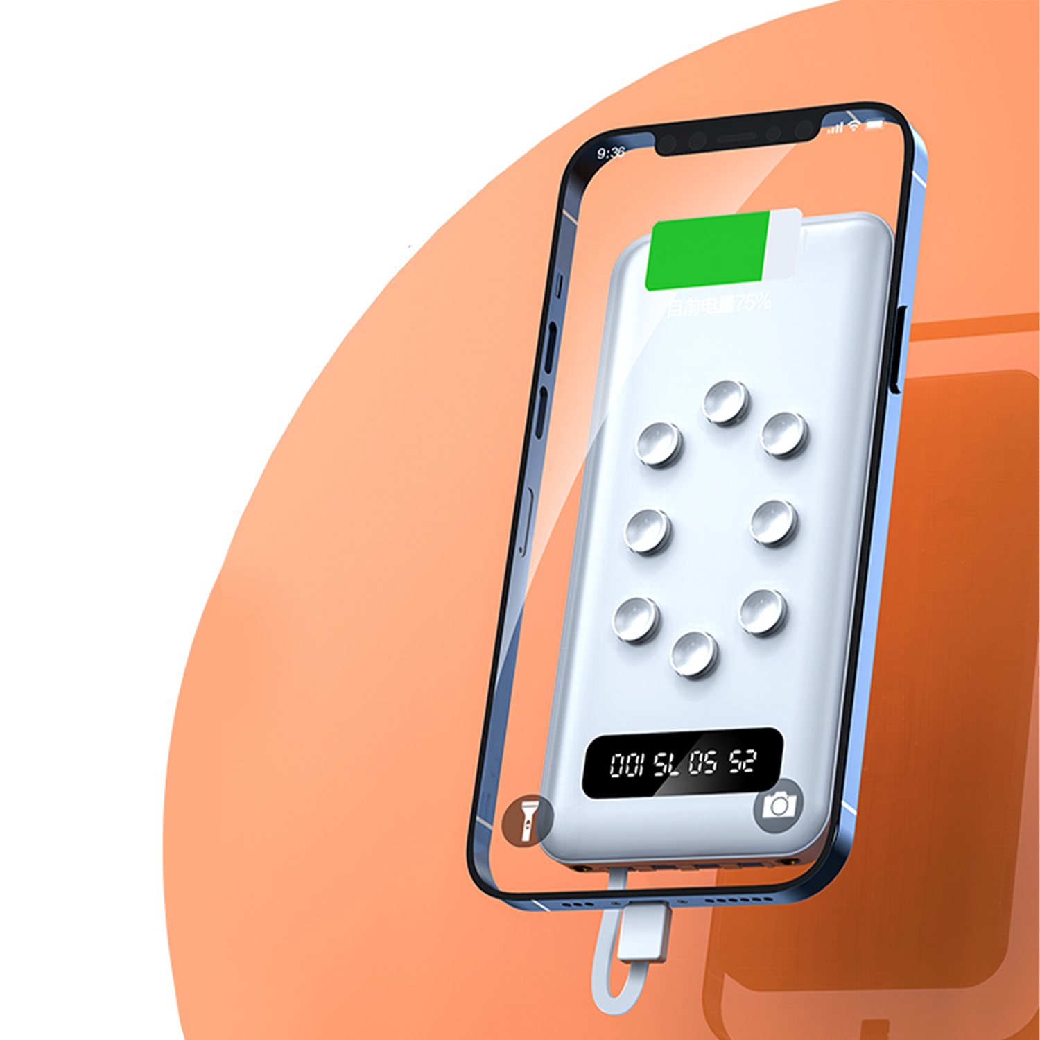 Telefono bianco con indicatore di carica, bordo trasparente, su sfondo arancione.