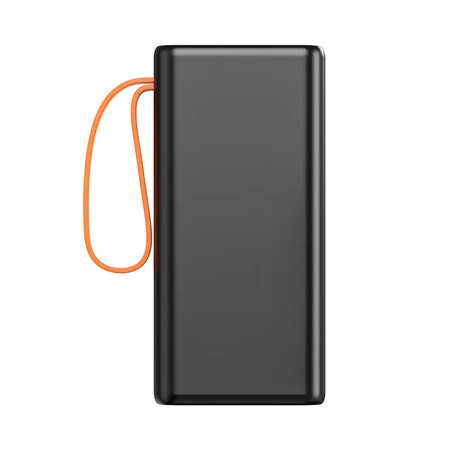 Batería externa rectangular negra con un lazo naranja. Es un cargador portátil.