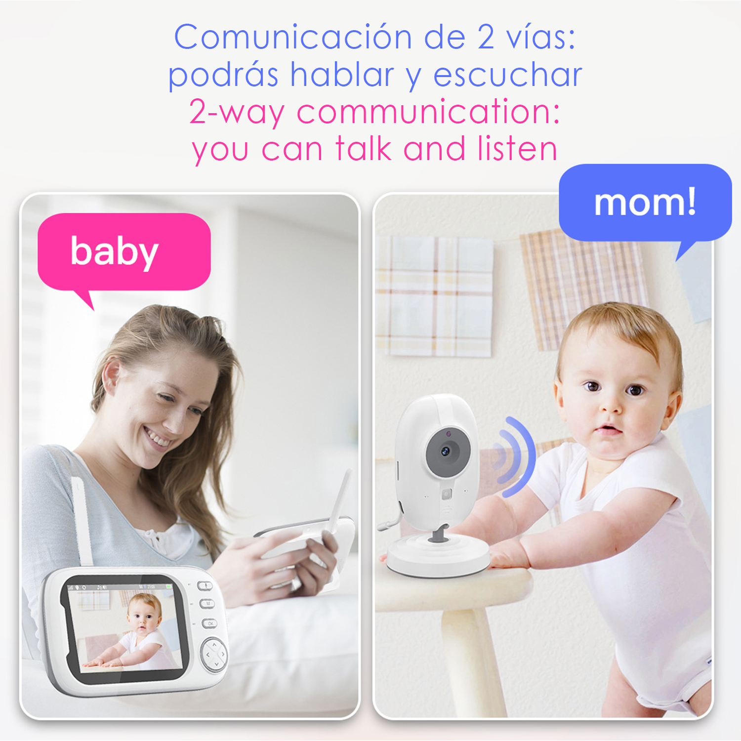 Ein Babyphone-Setup zeigt ein Baby und eine Mutter mit einem Bildschirm. Text sagt 2-Wege-Kommunikation.