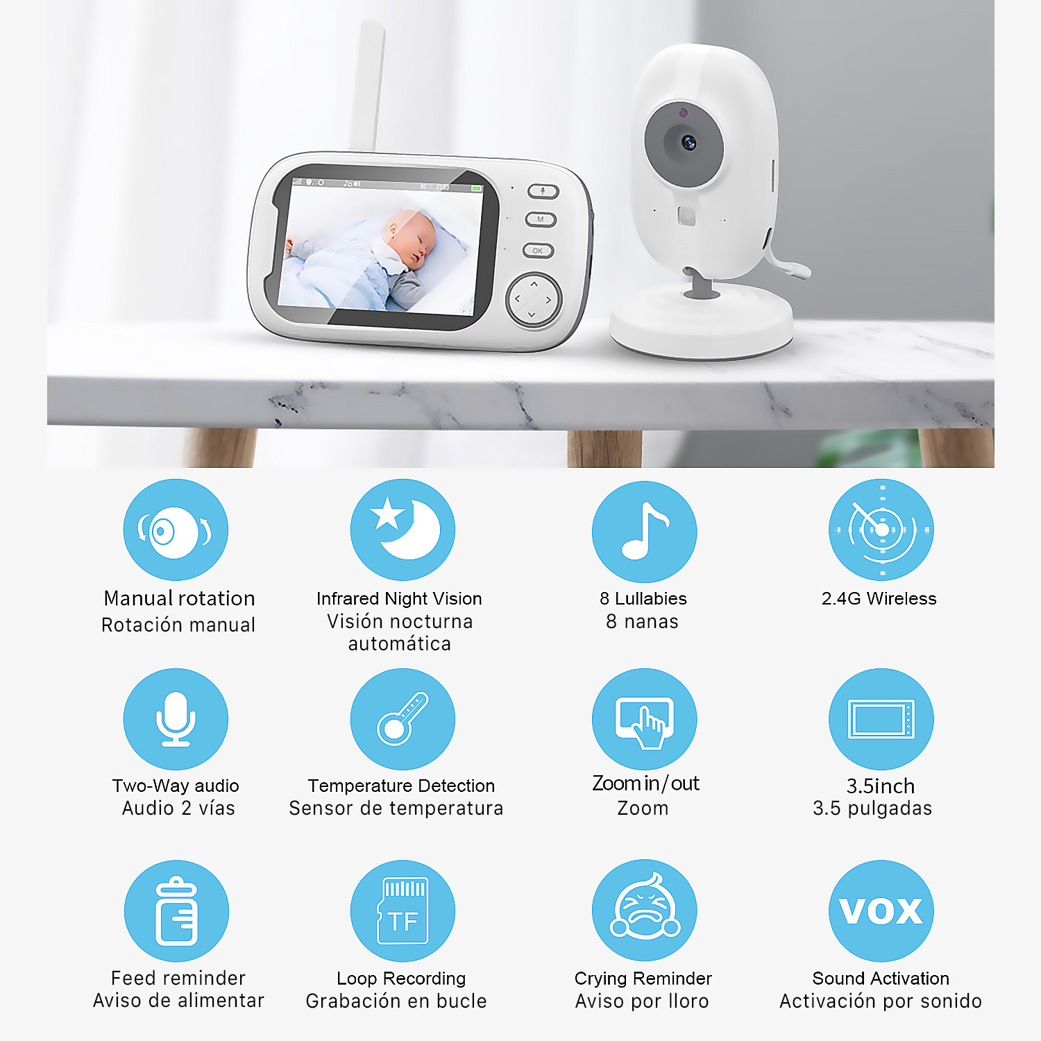 Babyphone-Set mit Bildschirm und Kamera, das Symbole für Funktionen zeigt.
