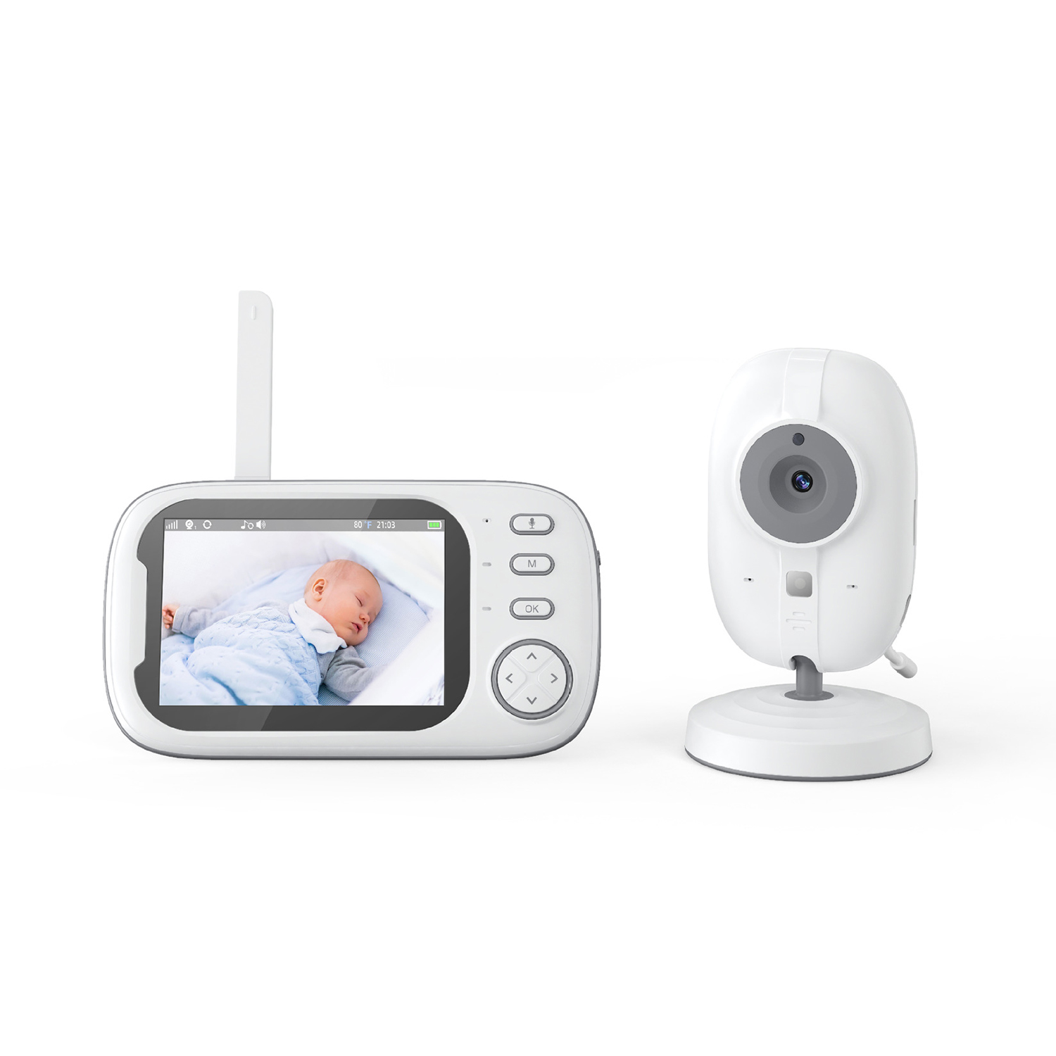 Babyphone-Set mit einem schlafenden Baby auf dem Bildschirm und einer Kamera rechts.