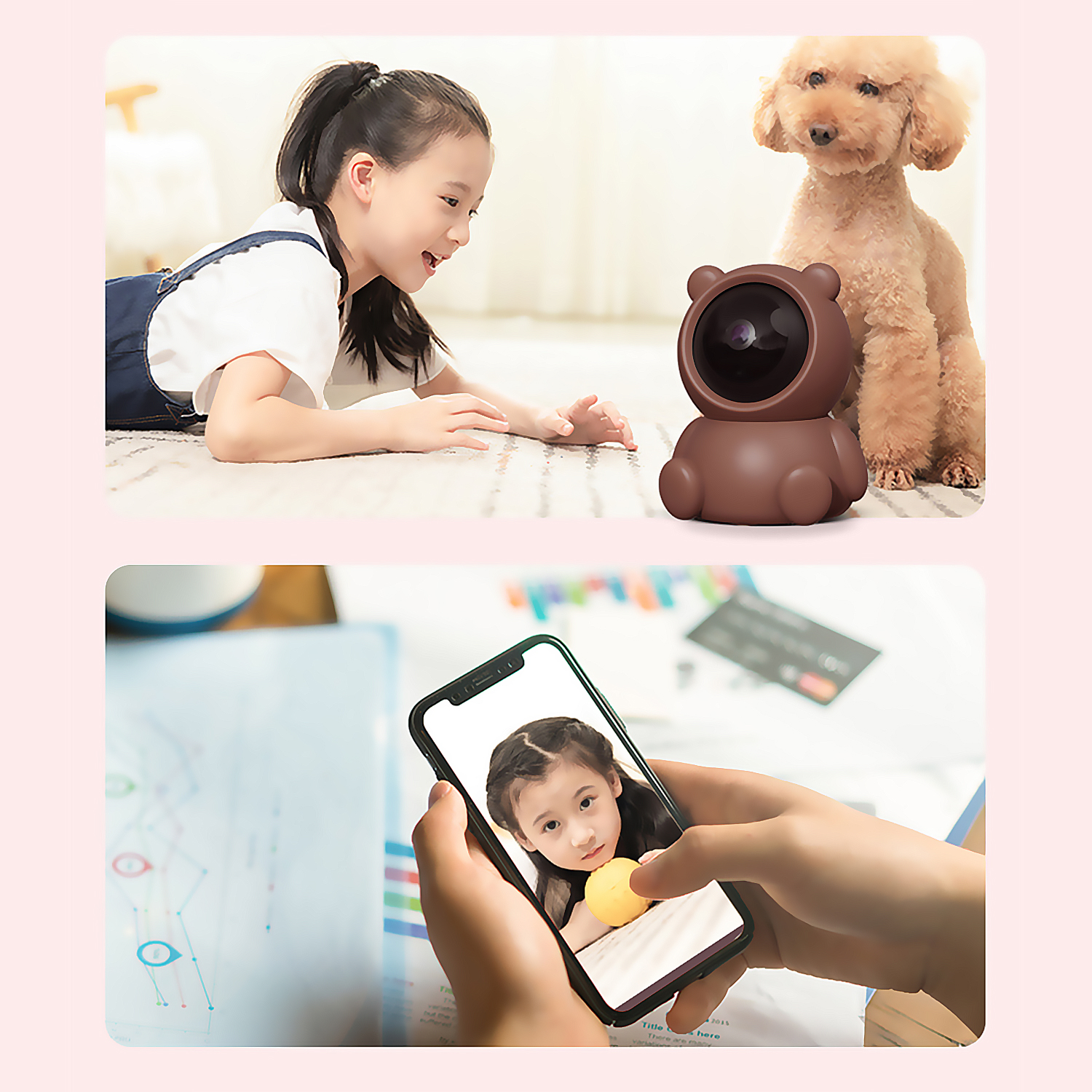 Niña en el suelo observa cámara de oso marrón. Pantalla del teléfono muestra a la niña. Perro. Fondo rosa.