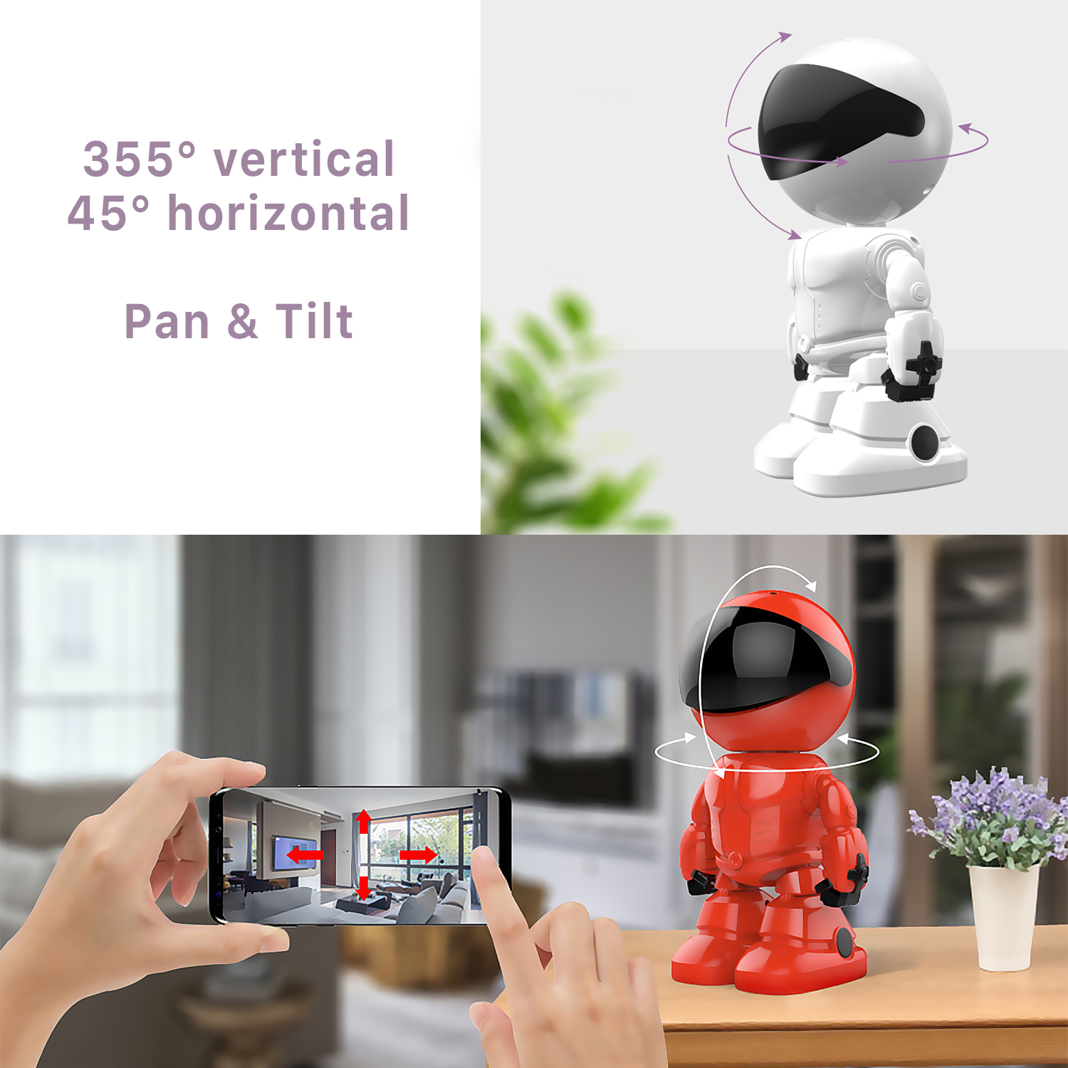 Roboter-Spielzeug, weiß und rot, in zwei Szenen, mit einem Telefon, das die Bildschirmsteuerung zeigt.