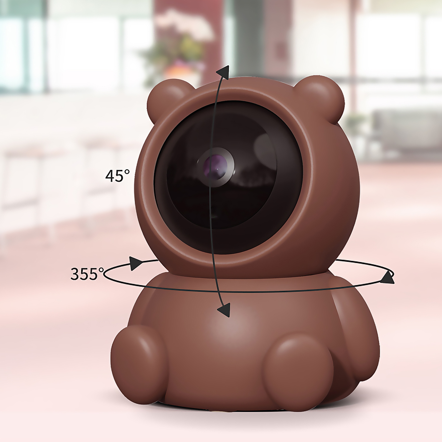 Una cámara de seguridad marrón con forma de oso con flechas que indican rotación de 45° y 355°.