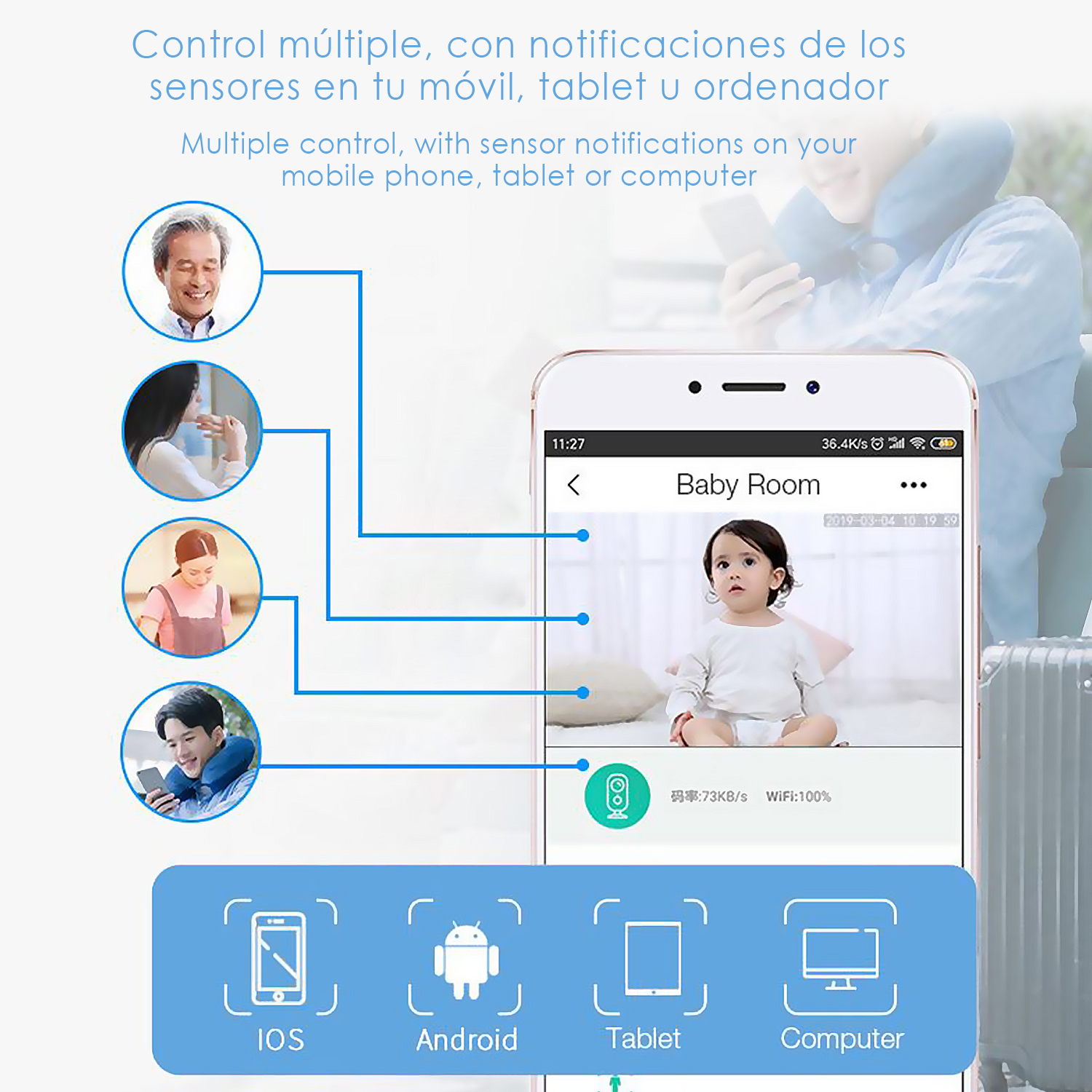 Pantalla de un teléfono inteligente que muestra una aplicación de monitor de bebé, con cuatro caras de personas arriba.