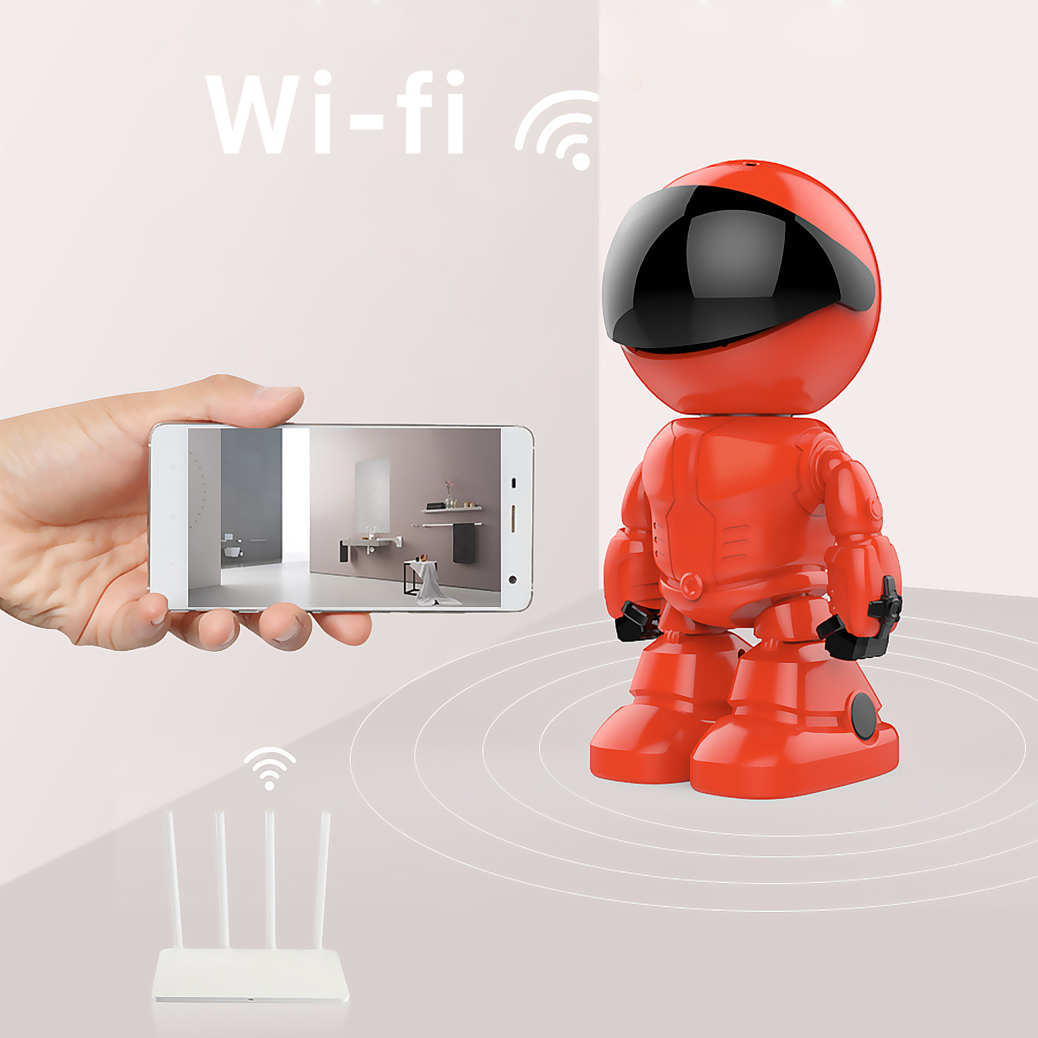 Roter Roboter Spielzeug mit schwarzem Visier, Person schaut sich ein Zimmer auf dem Handy an.