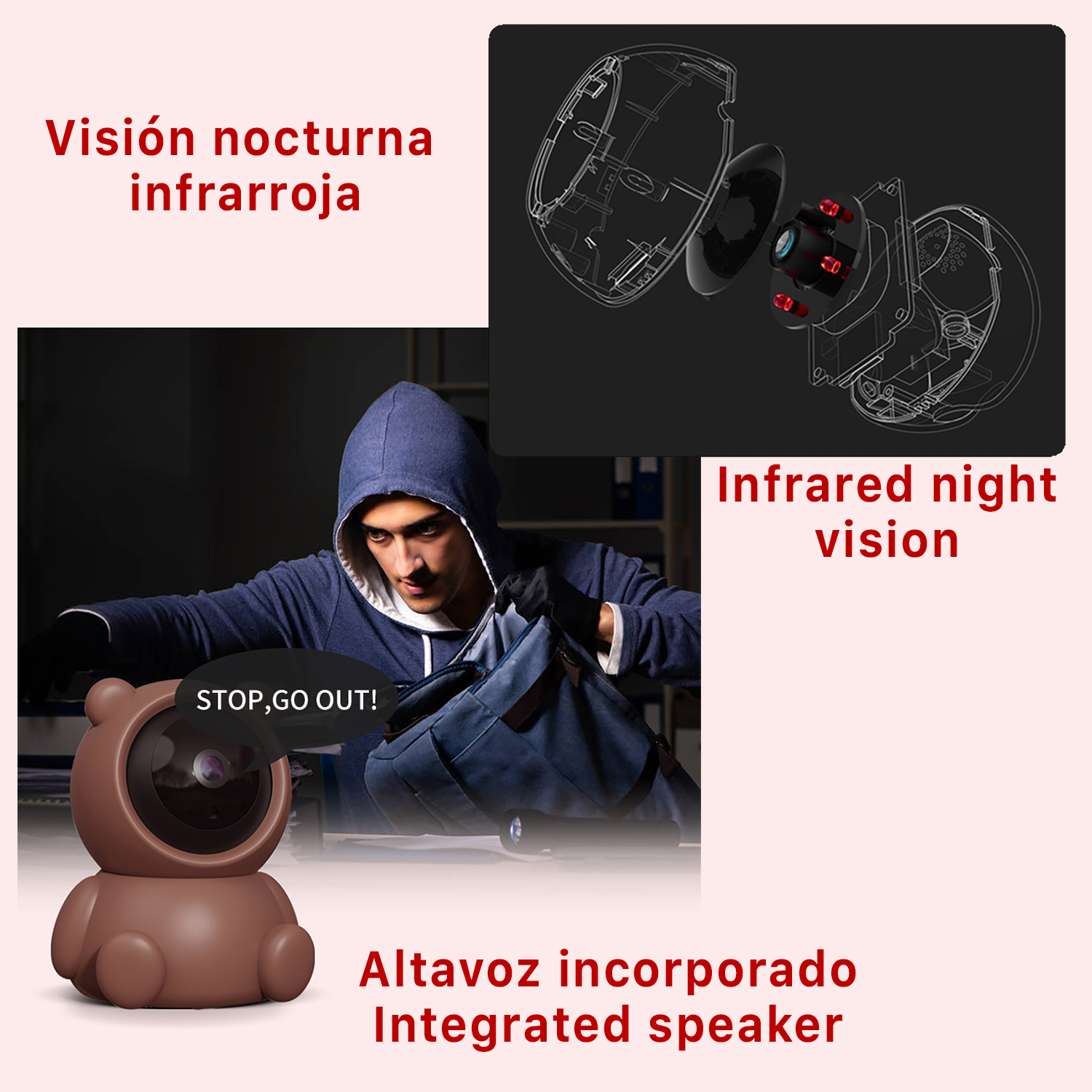 Cámara de seguridad con forma de oso. Ladrón y texto en la imagen.