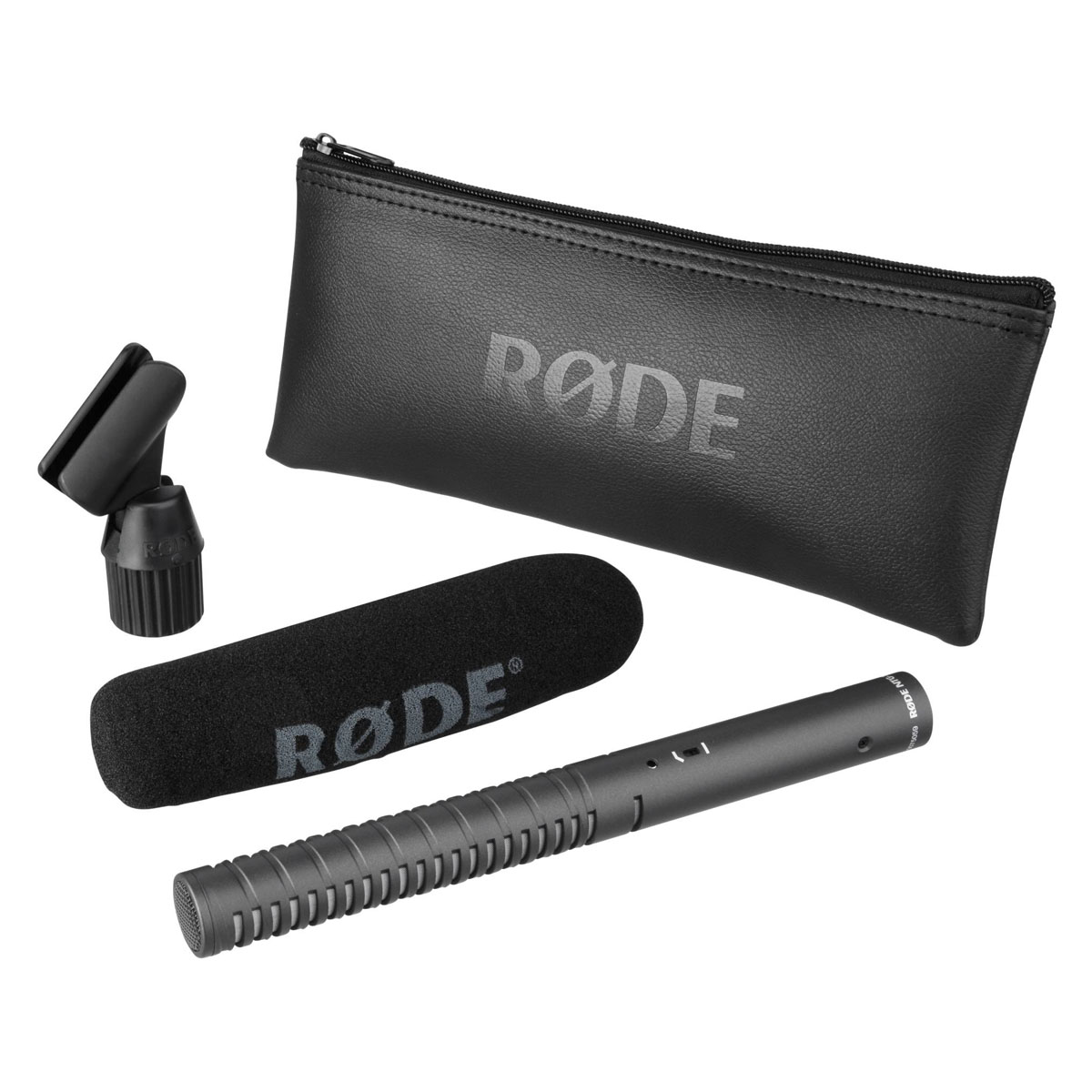 Kit de micrófono Rode: micrófono, parabrisas, soporte amortiguador y estuche.