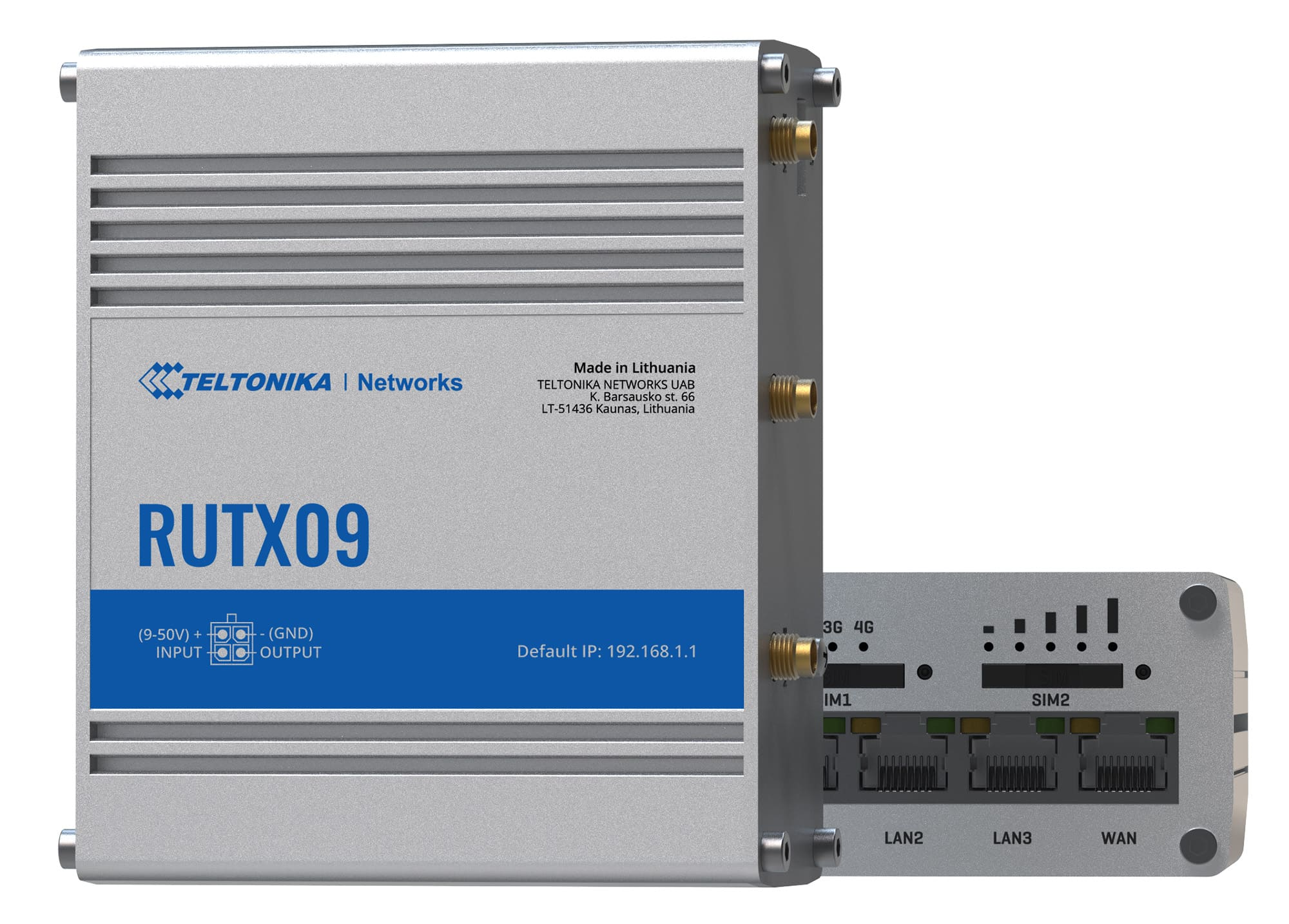 Een zilveren RUTX09-router. Het heeft meerdere poorten en antenneconnectoren. Het merk is TELTONIKA Networks.