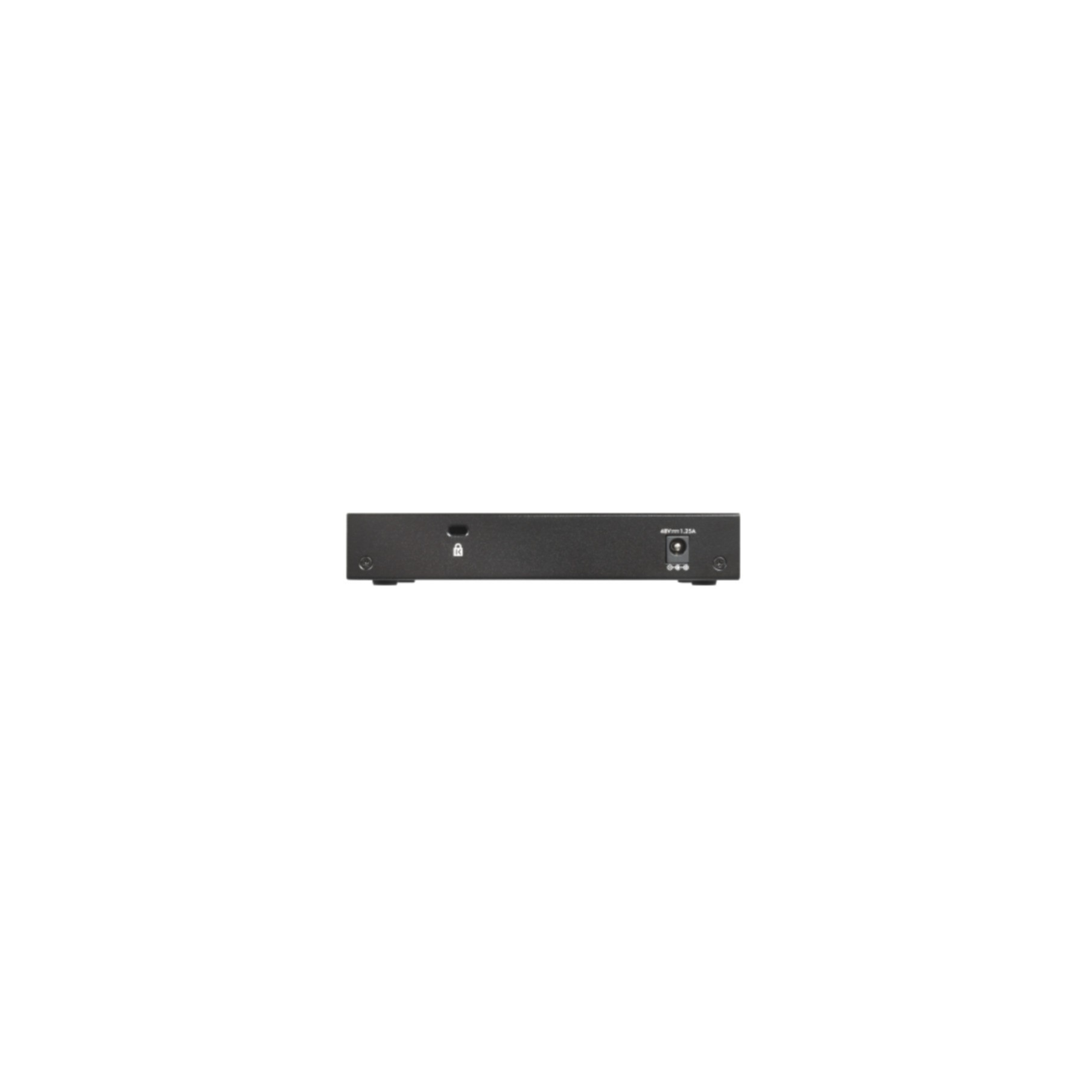 Un switch de red negro con puertos. El switch se ve desde su parte trasera.