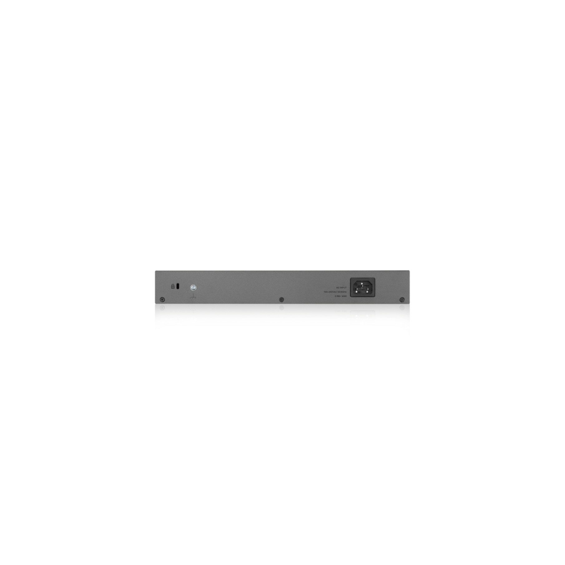 Rückseite eines grauen Netzwerk-Switches mit Anschlüssen und Netzstecker. Weißer Hintergrund.