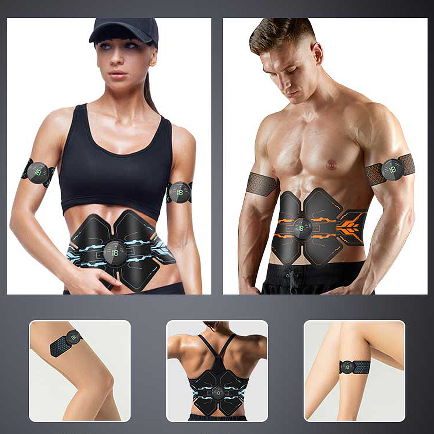 Fotos de personas usando dispositivos de estimulación muscular. Varios lugares.