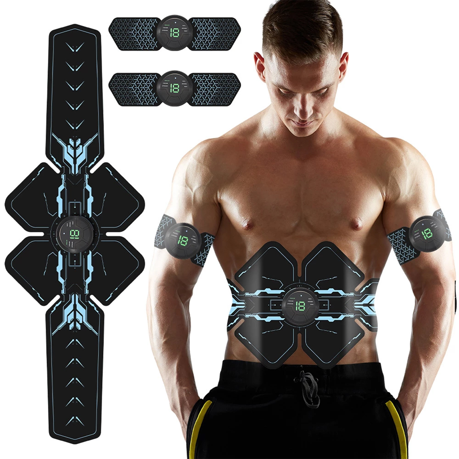 Hombre con electroestimuladores musculares, fondo blanco, mostrando colocación.