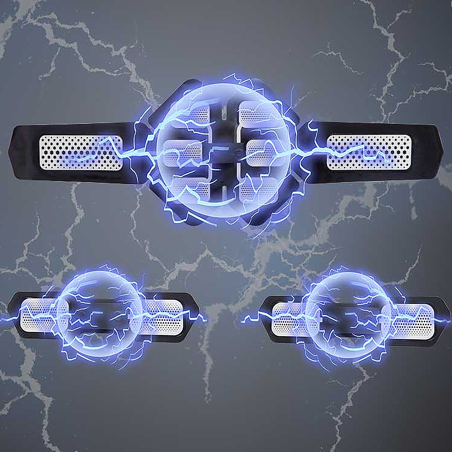 Conjunto de tres dispositivos negros con efectos eléctricos azules. Fondo gris.