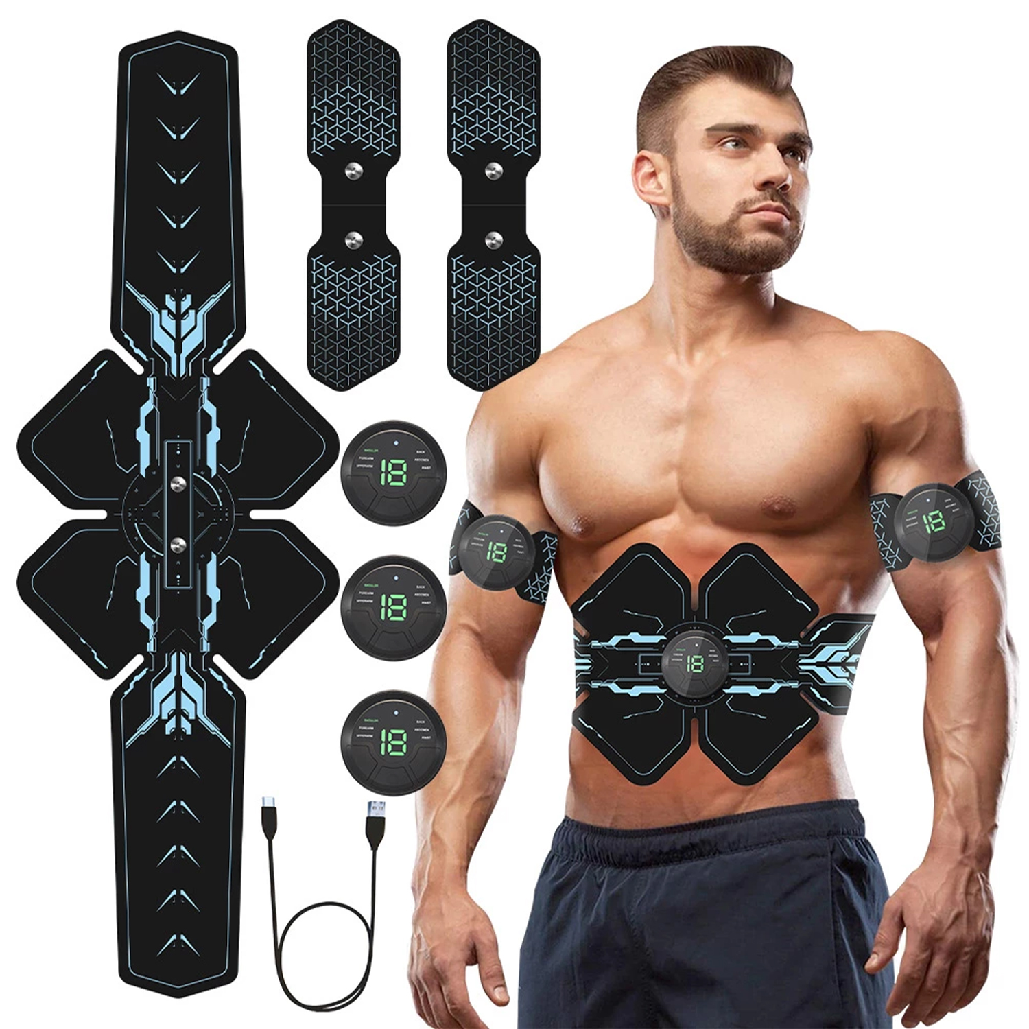 Hombre musculoso con almohadillas EMS y unidades de control para estimulación muscular.