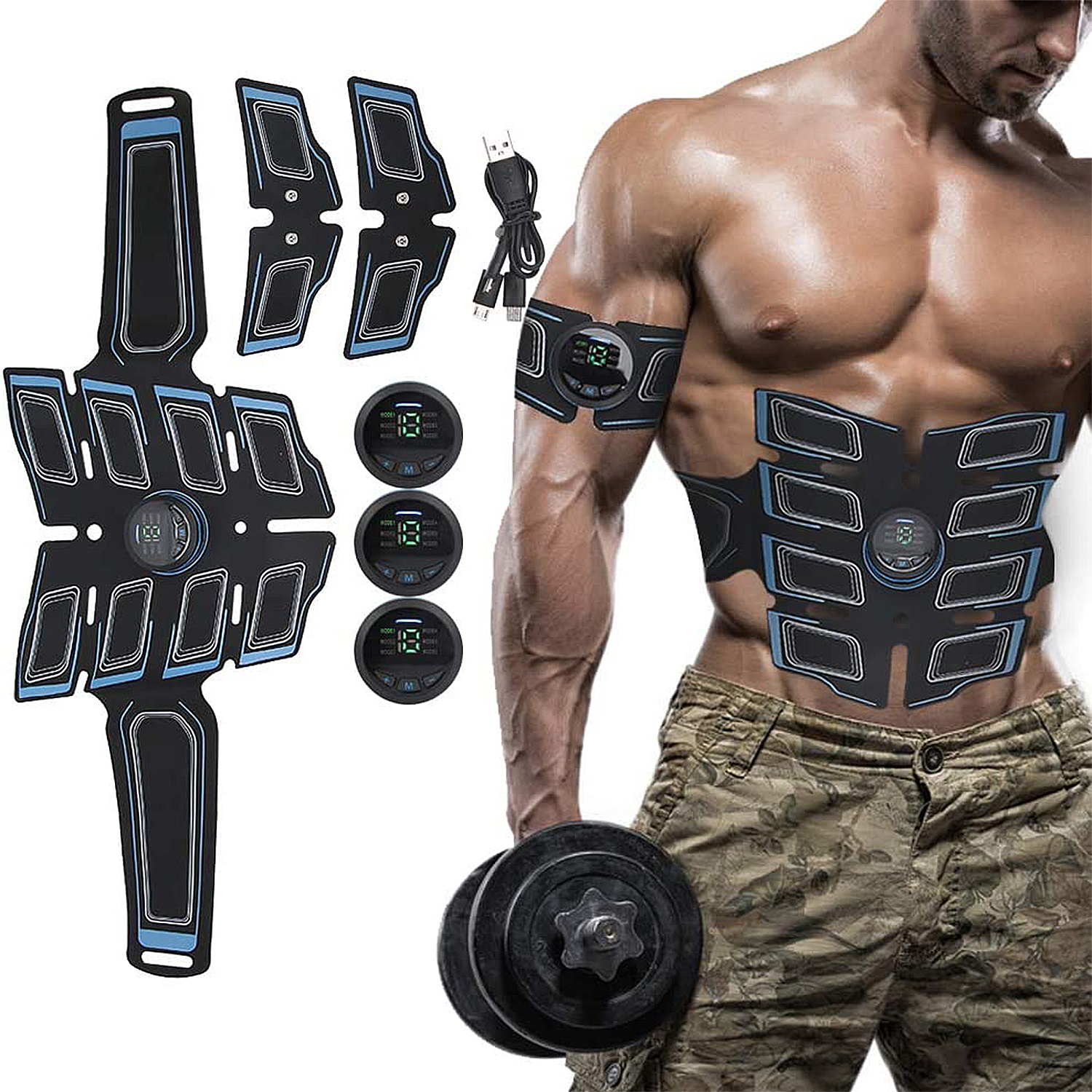 Un hombre musculoso usando un dispositivo EMS con una mancuerna y almohadillas adicionales.