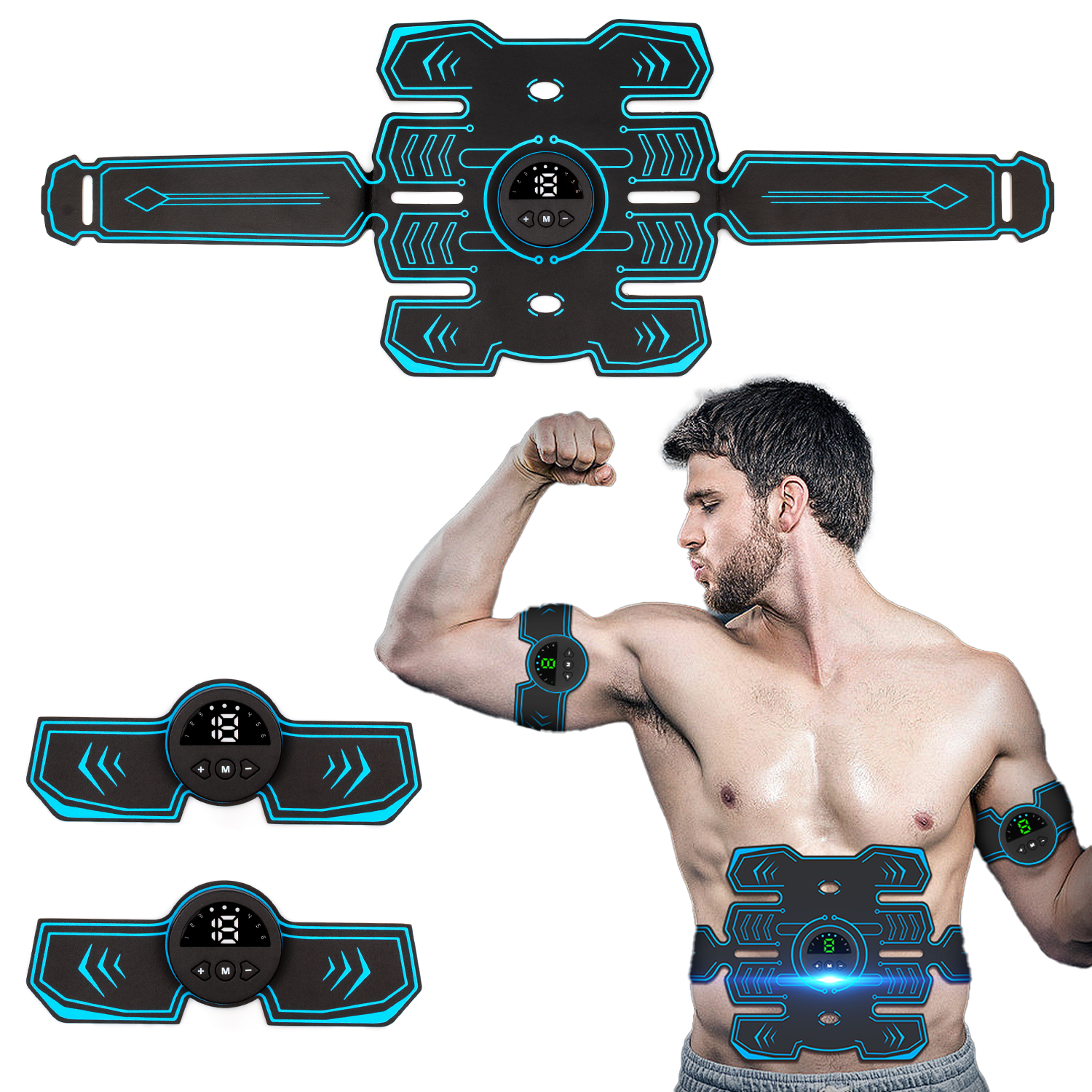 Uomo con elettrodi di stimolazione muscolare su addome, braccia e petto.