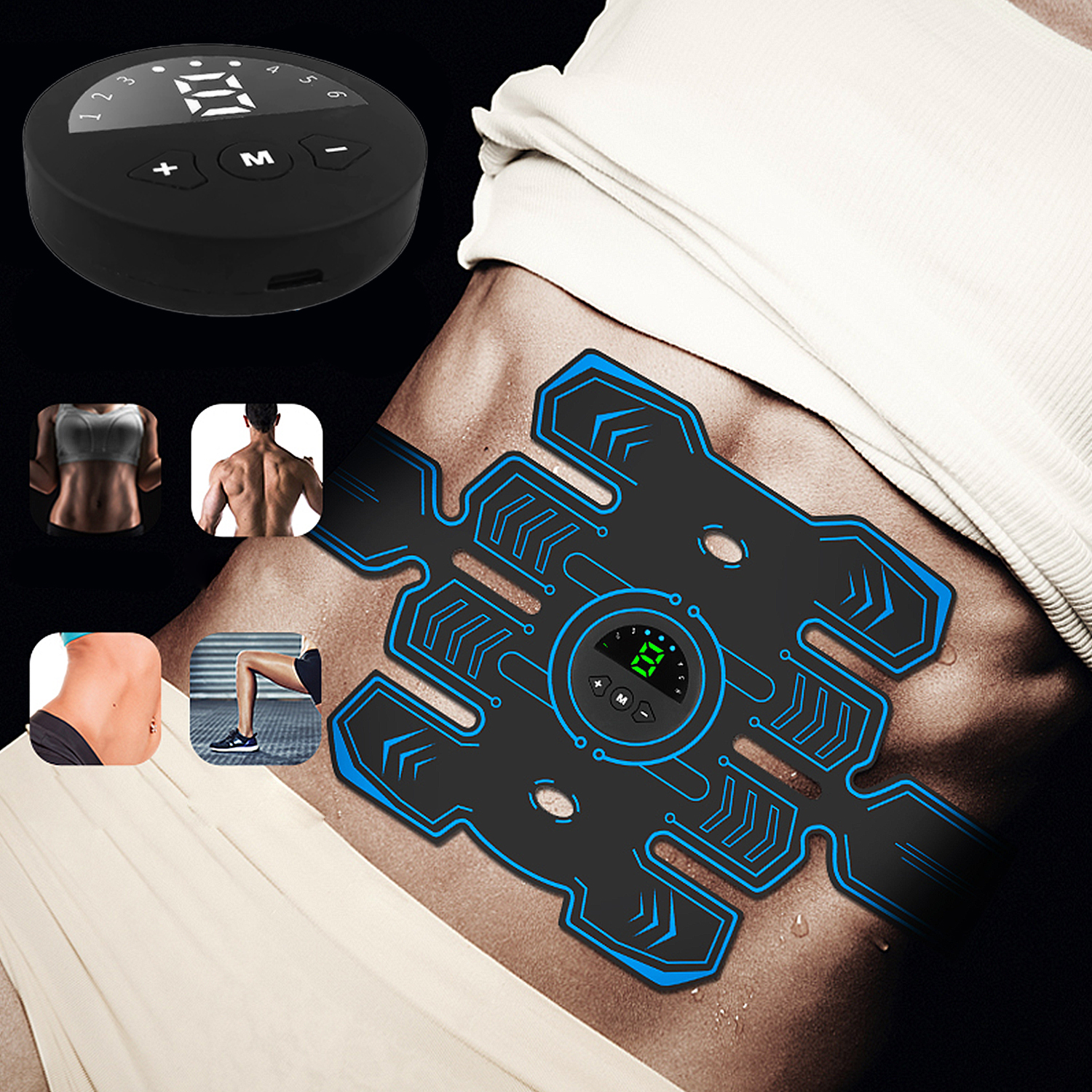 Dispositivo EMS nero sull'addome di una persona, con immagini di addominali ed esercizi.