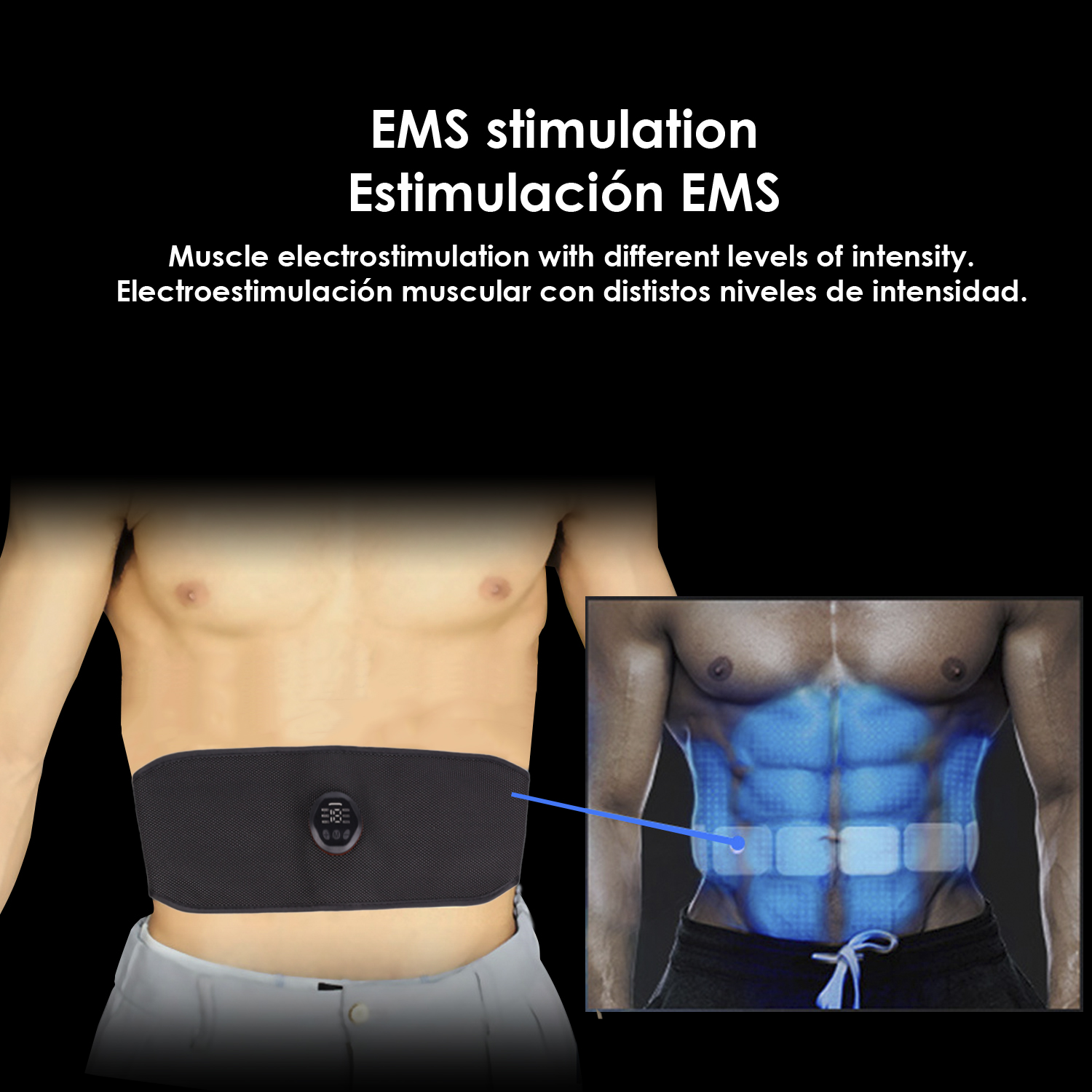 Un cinturón de estimulación muscular EMS en una persona, con una ilustración que muestra la estimulación muscular.