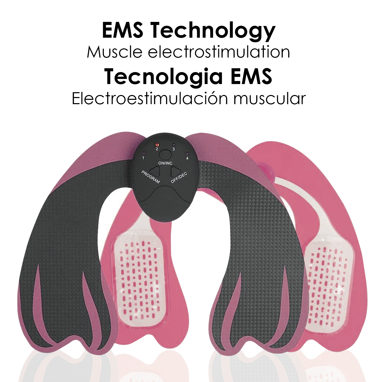 Dispositivo estimulador muscular EMS. Almohadillas negras y rosas con unidad de control.