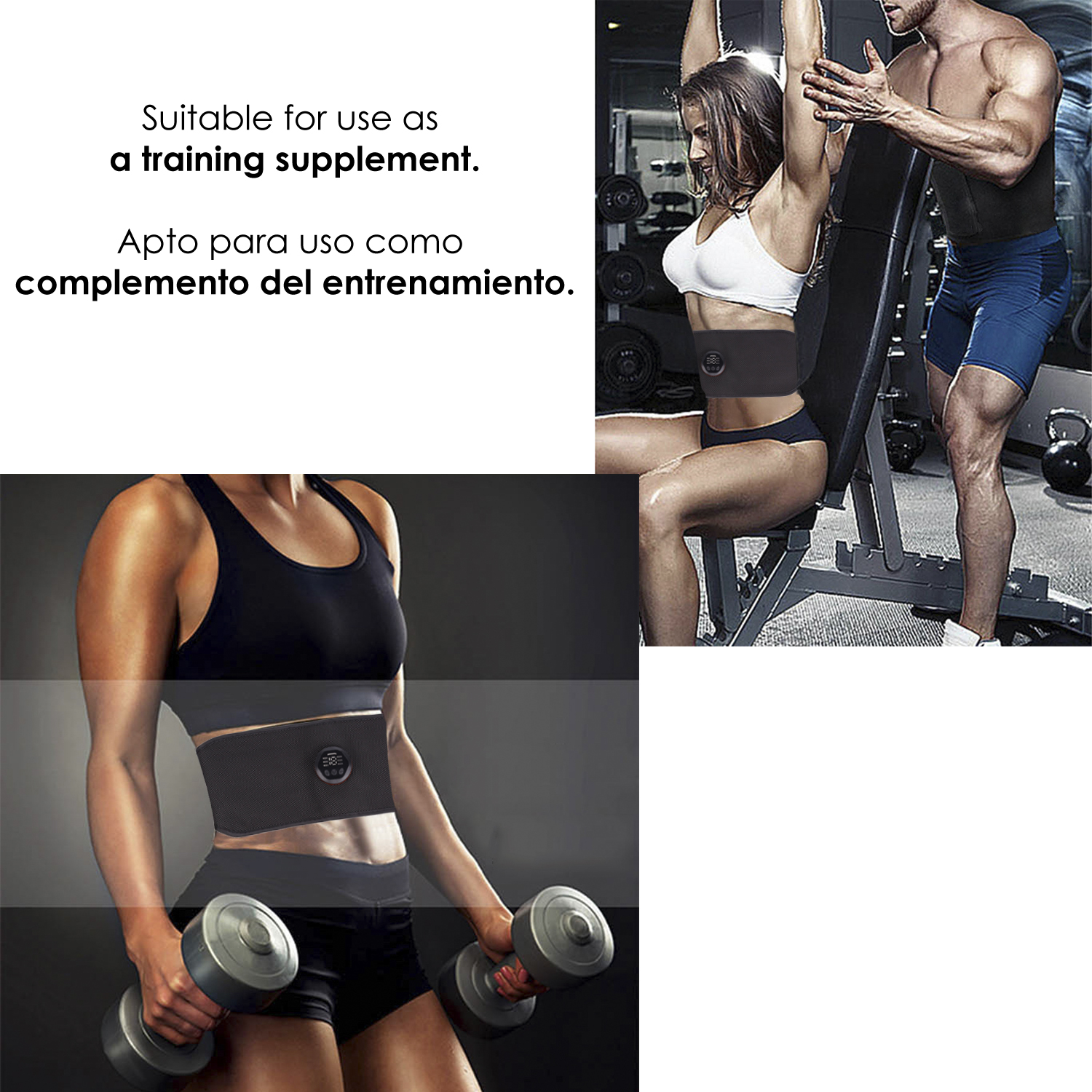 Mujer en gimnasio con cinturón negro. Hombre asiste. Mancuernas y texto de fondo.