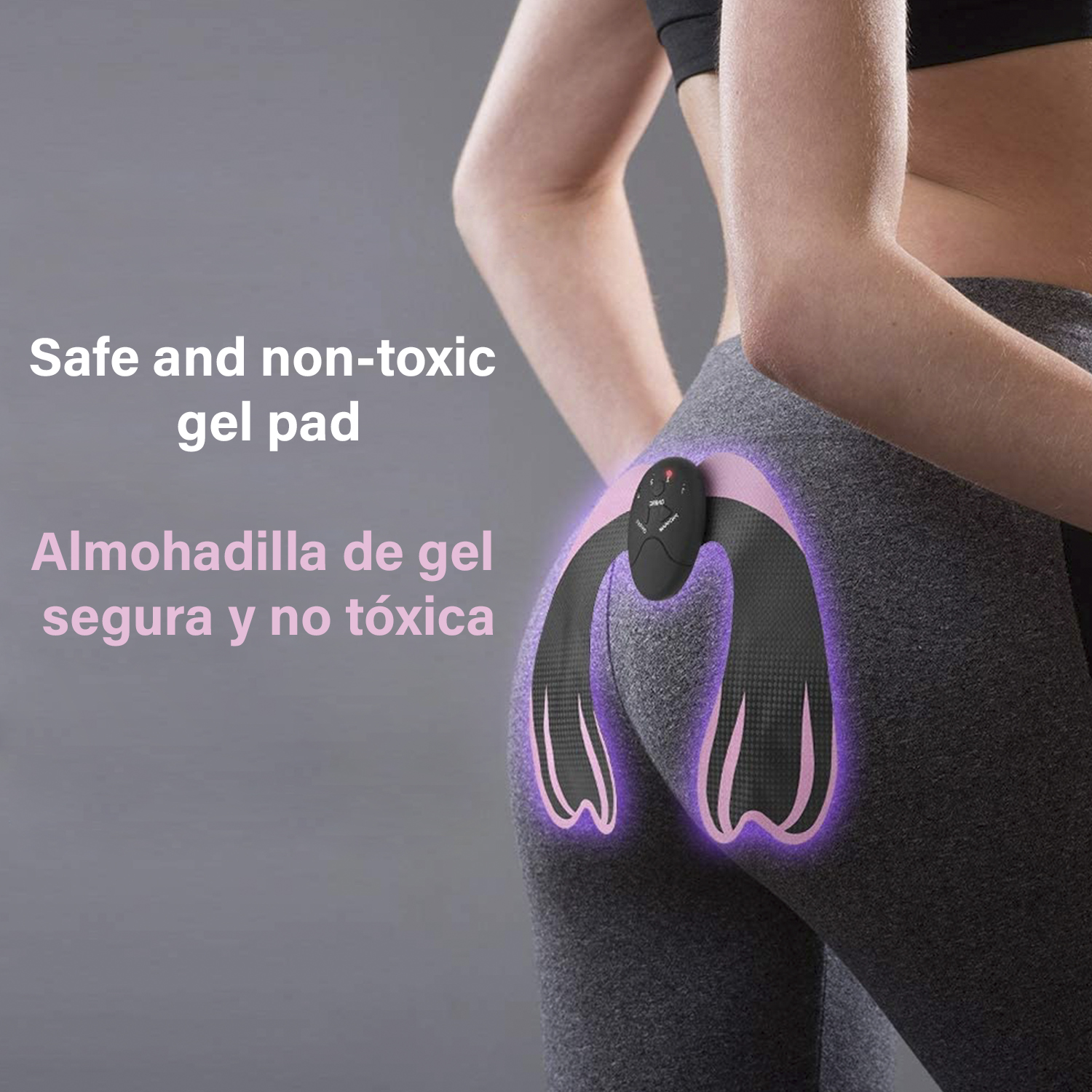 Mujer con almohadillas de gel en las nalgas. Texto: 'Almohadilla de gel segura y no tóxica'.