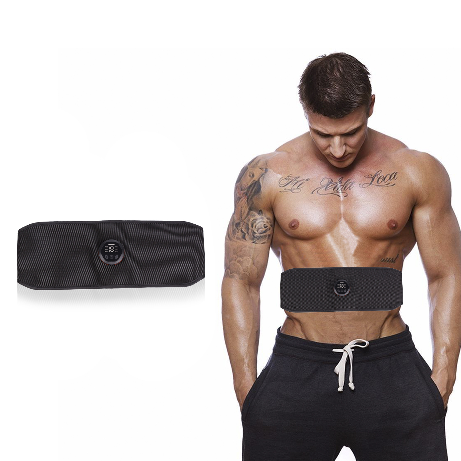 Hombre con un estimulador de abdominales negro, con otro a un lado.