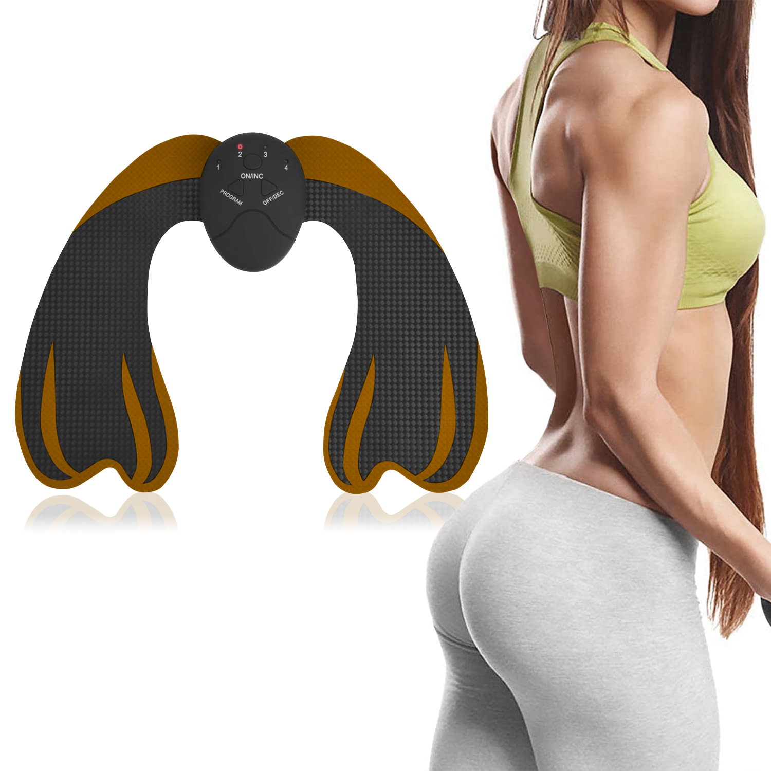 Estimulador muscular de glúteos y una mujer con ropa deportiva. A la izquierda, el estimulador; a la derecha, una mujer.