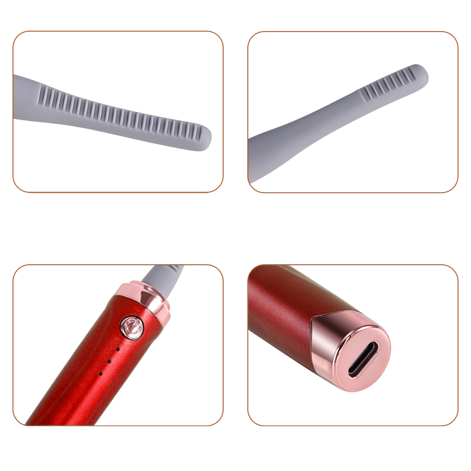 Primer plano de un rizador de pestañas y sus partes. Color gris y rojo.