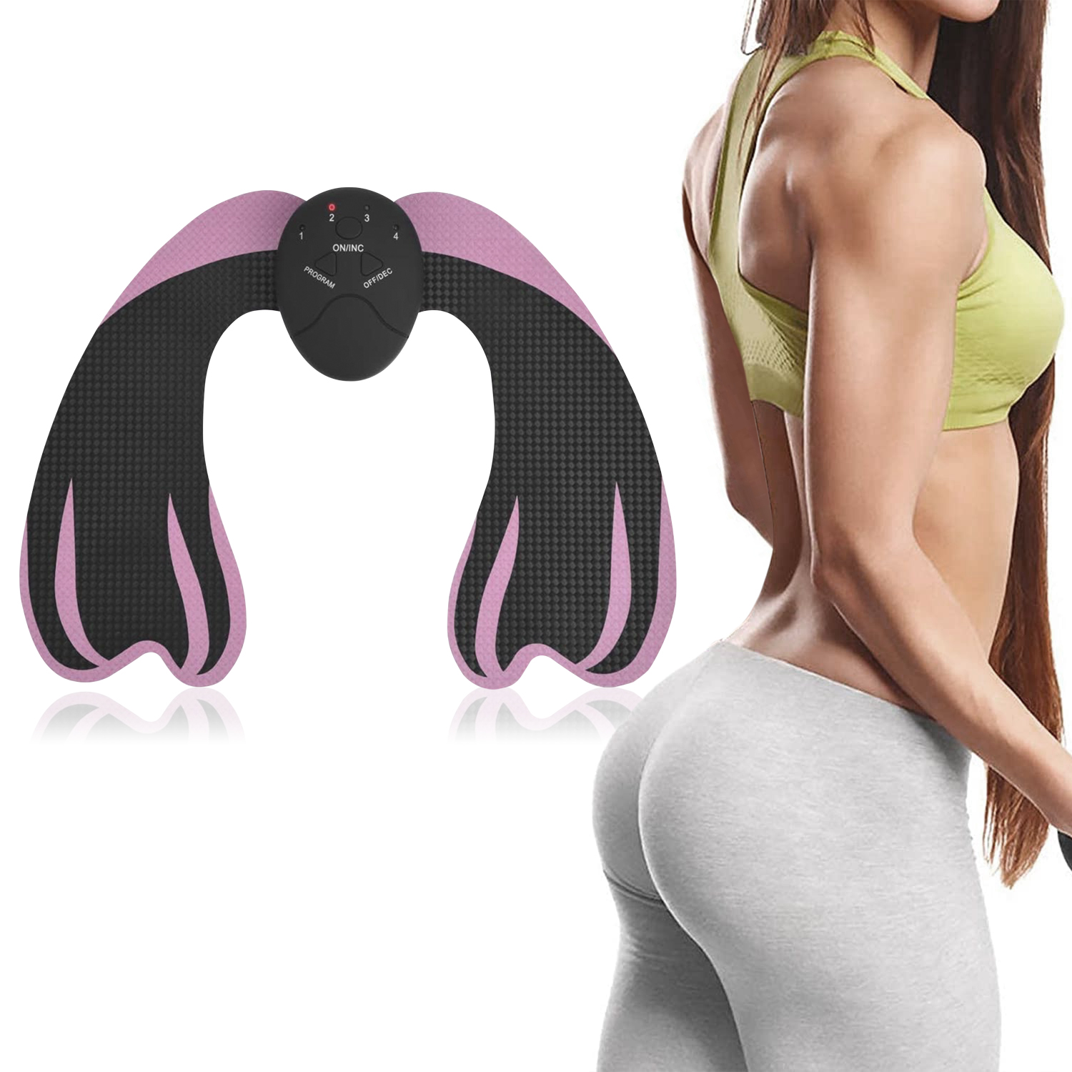 Un dispositivo de fitness y una mujer con ropa deportiva. El dispositivo es rosa y negro, la mujer usa pantalones grises.