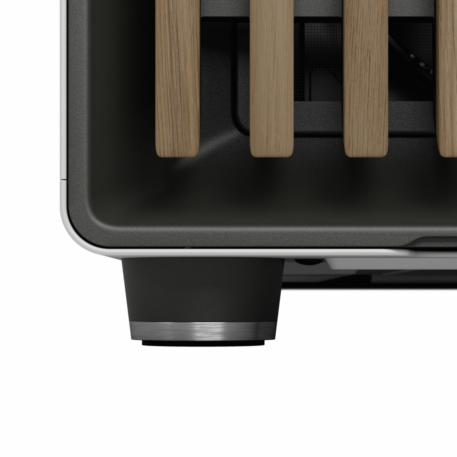 Close-up of a black base with wooden slats, a silver trim, and black feet.
