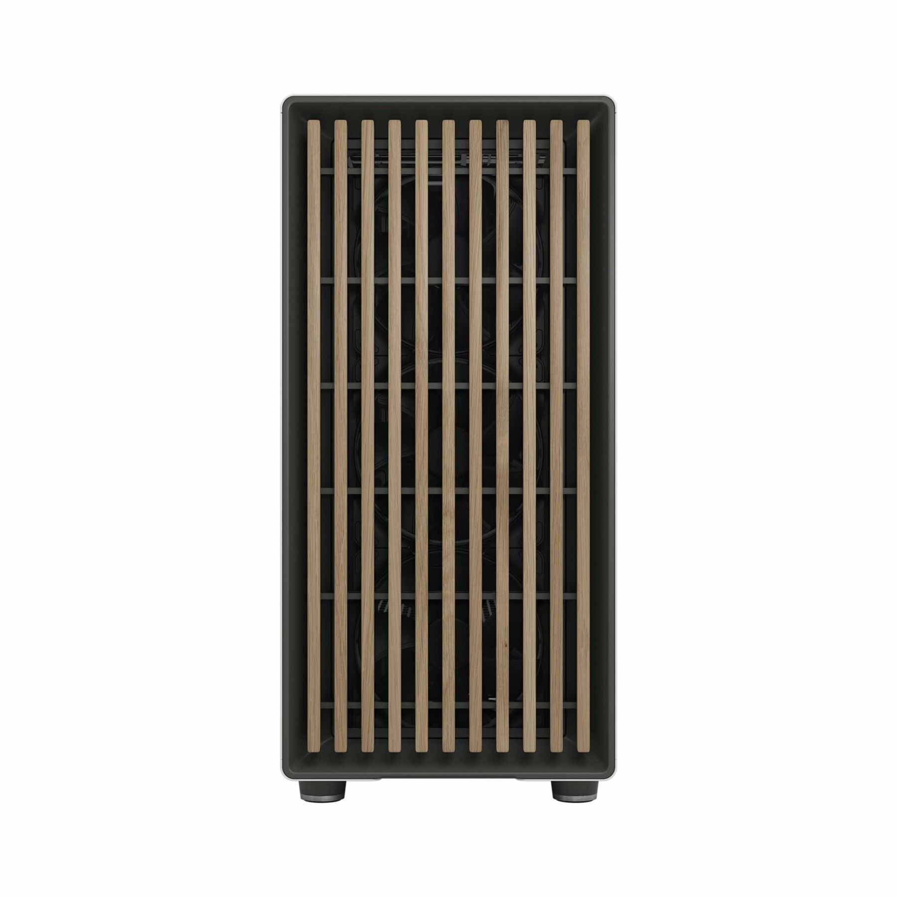 Black speaker with vertical wooden slats. It stands on a white background.