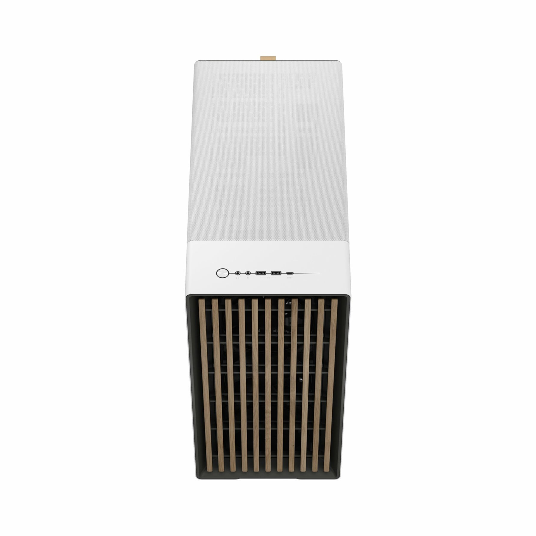 Top-down view of a white computer case with ventilation and wooden front panels.