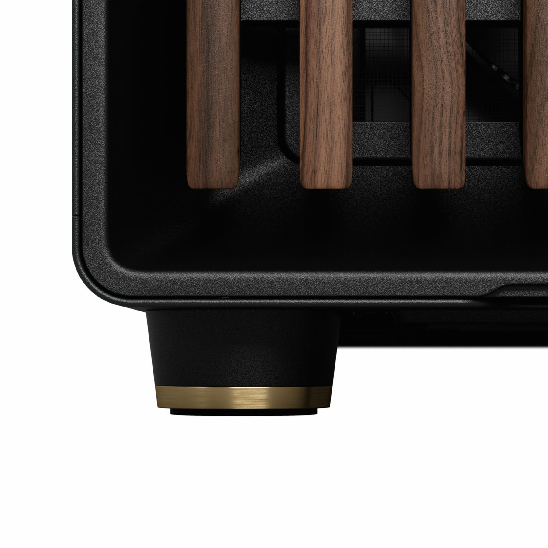 Close-up of a black speaker base with wooden slats and gold trim on the bottom edge.