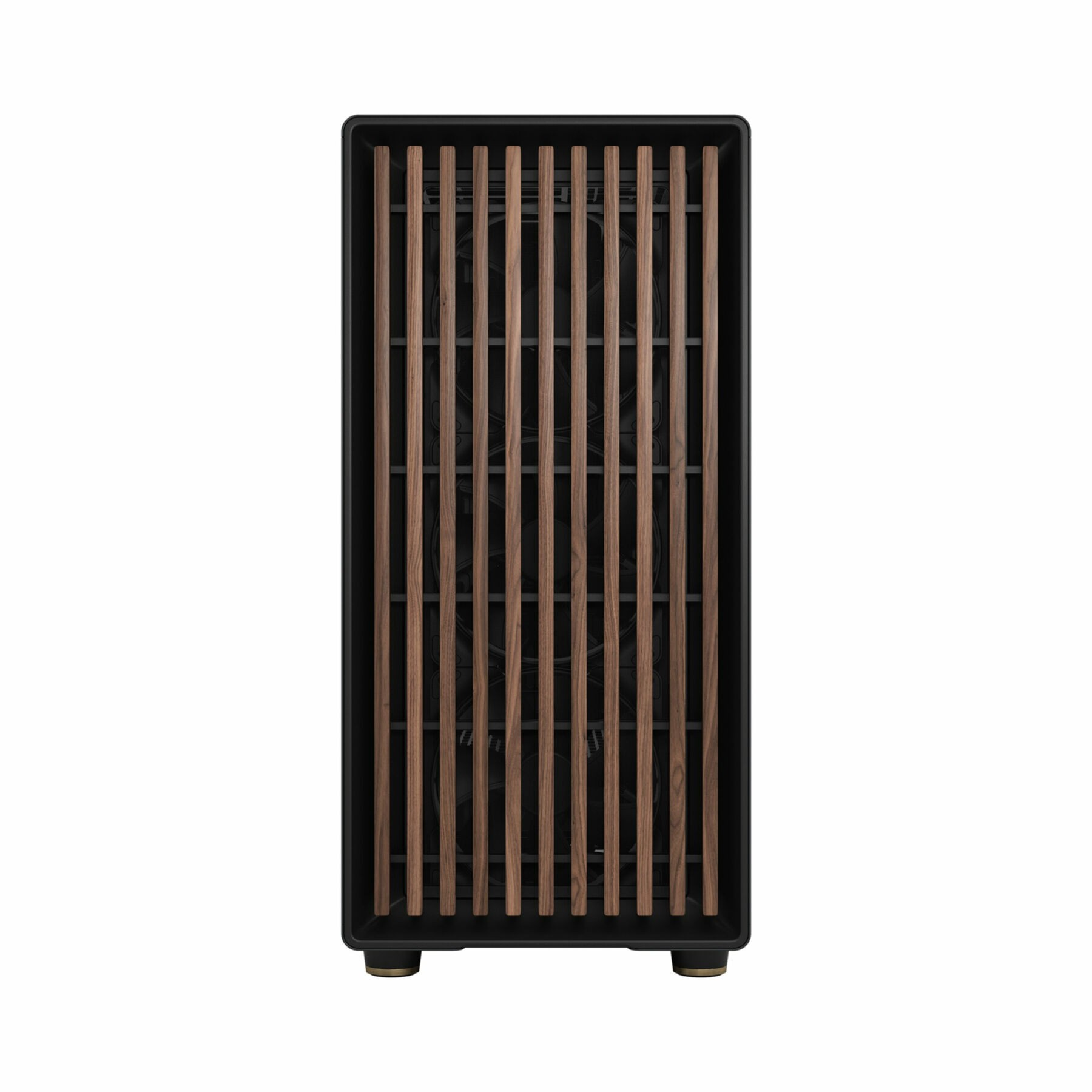 A black speaker with wooden slats on the front. It's on a white background and has gold feet.