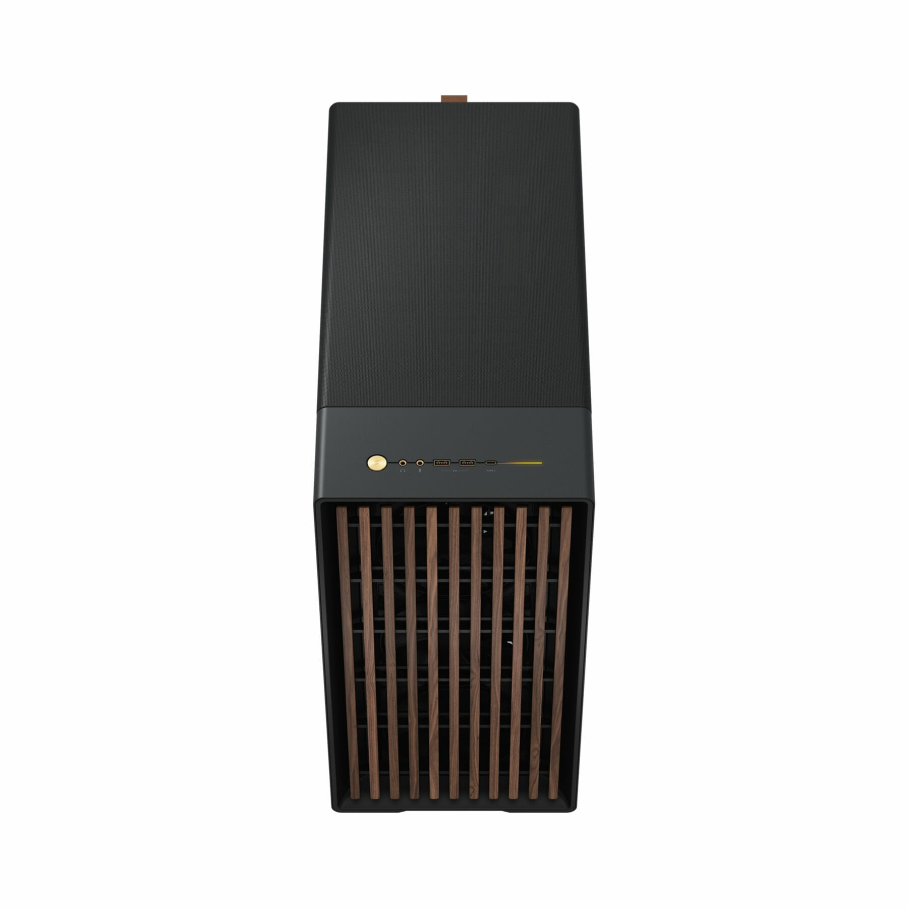 Black desktop computer case with wooden slats and a small gold button. Top view.