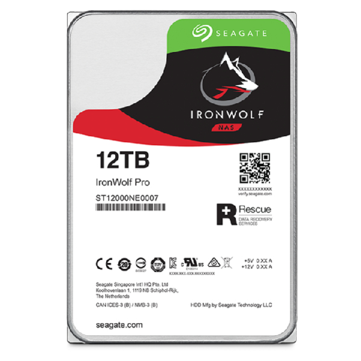 Dysk twardy Seagate IronWolf Pro, pojemność 12TB, logo i certyfikaty.