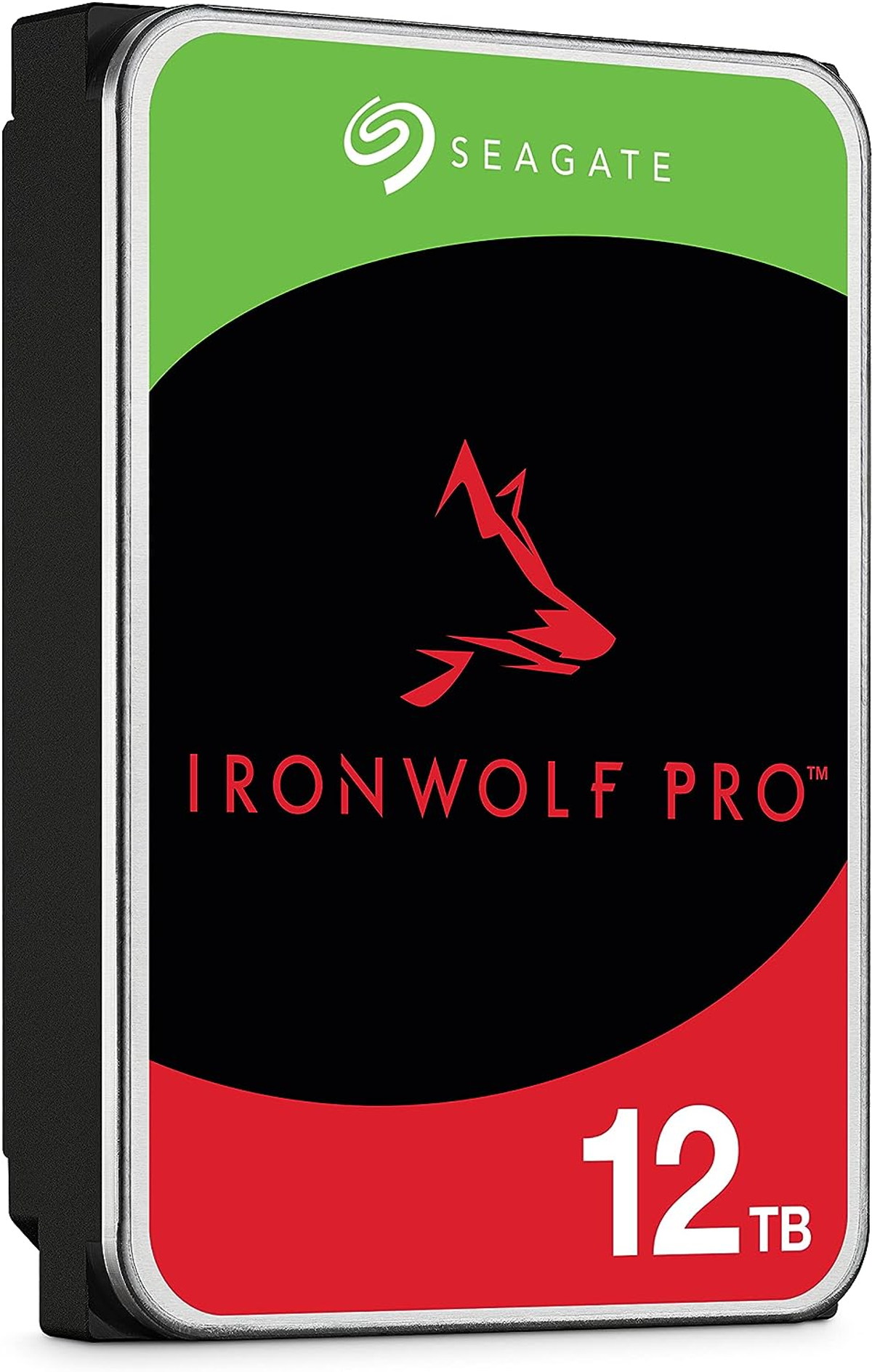 Dysk twardy Seagate IronWolf Pro 12TB. Czarna, zielona i czerwona etykieta. Widoczny tekst 'IRONWOLF PRO'.