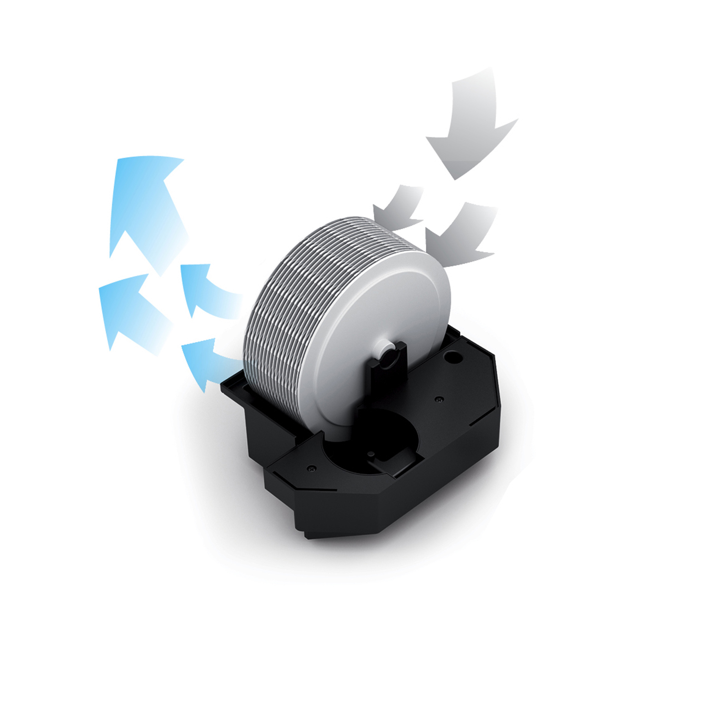 An air filter with gray fins and a black base. Arrows indicate airflow.