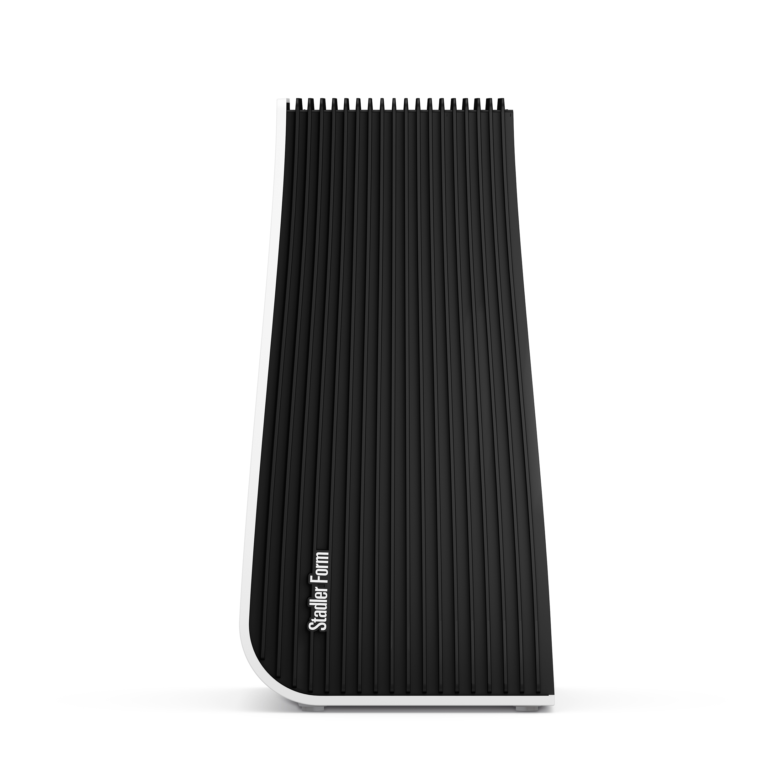 Black and white air purifier, vertical design with ridged front panel.