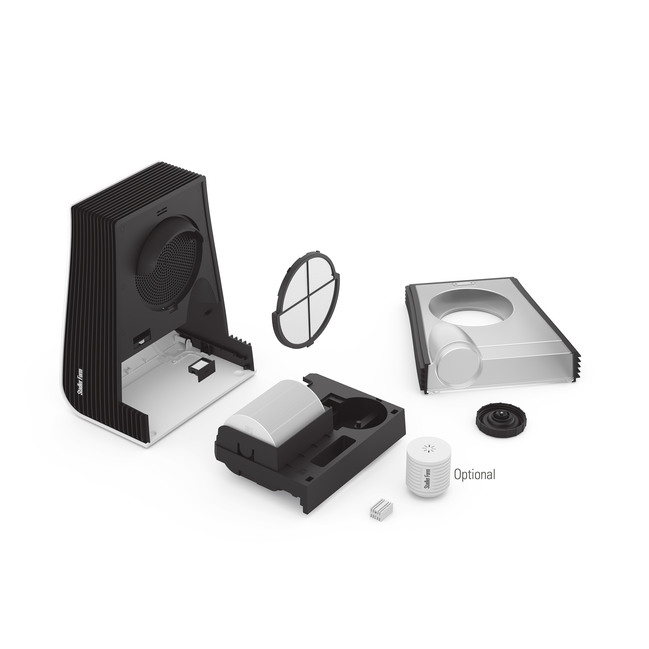 Deconstructed air purifier with a white background.