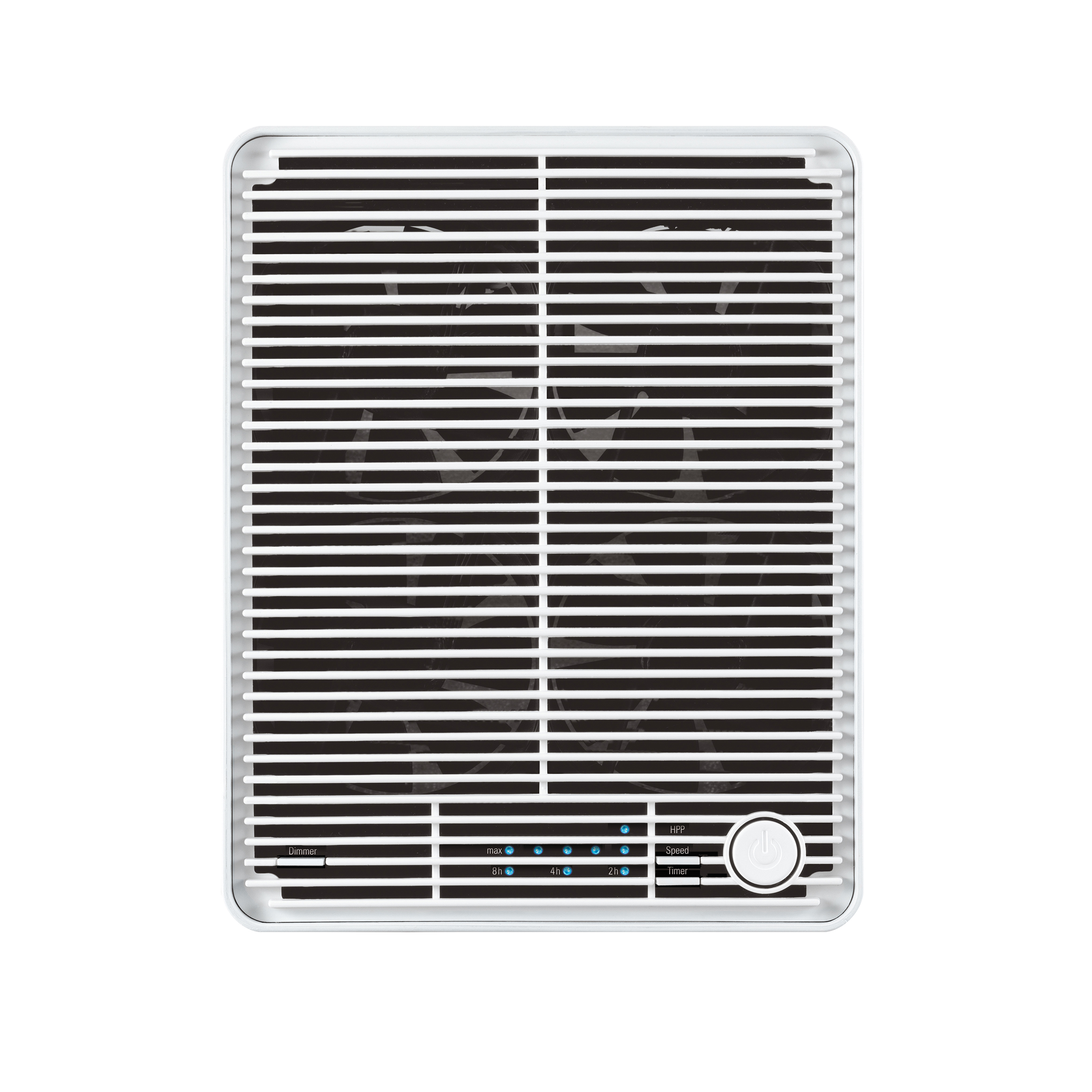 A white air purifier with horizontal black lines, on a white background.
