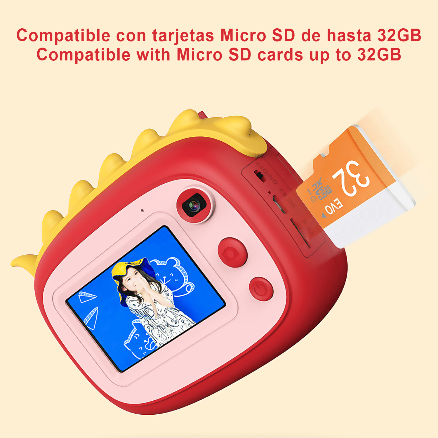 Una cámara de juguete roja y amarilla con una pantalla y una tarjeta Micro SD naranja. Texto en inglés y español.